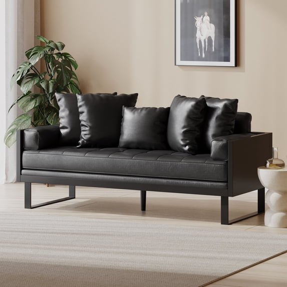 Noble House Gould Faux Leather Upholstered Oversized Loveseat with Accent Pillows, Midnight Black and Black