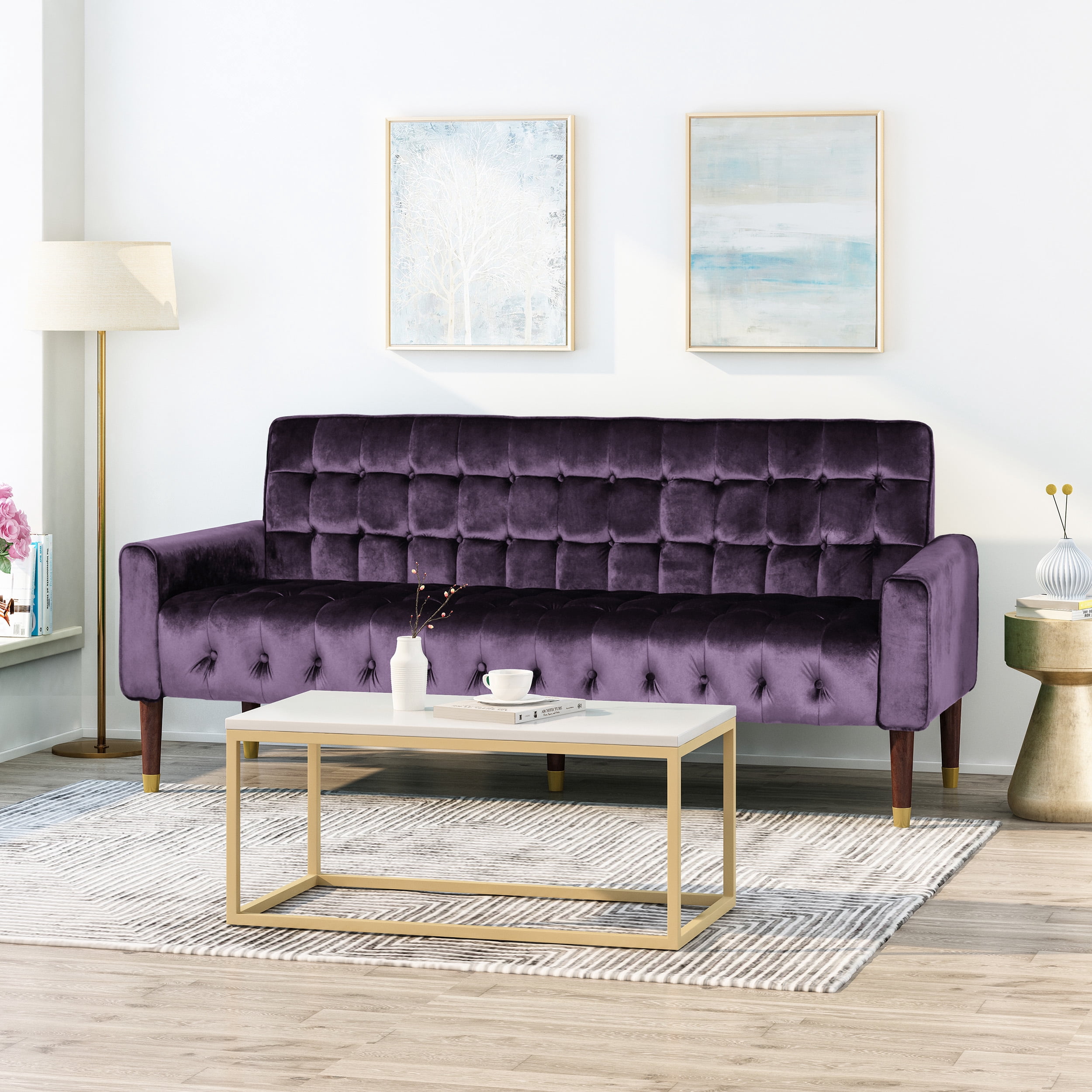 Noble House Gracelynn Tufted Velvet Sofa, Blackberry