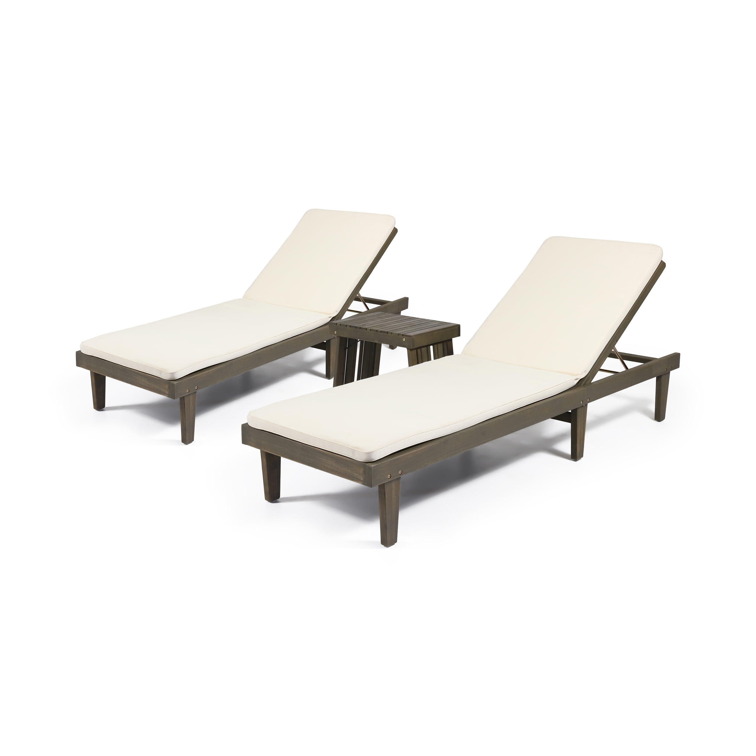Noble House Nadine Outdoor Wood 3Pc Chaise Lounge Set Cushion Gray
