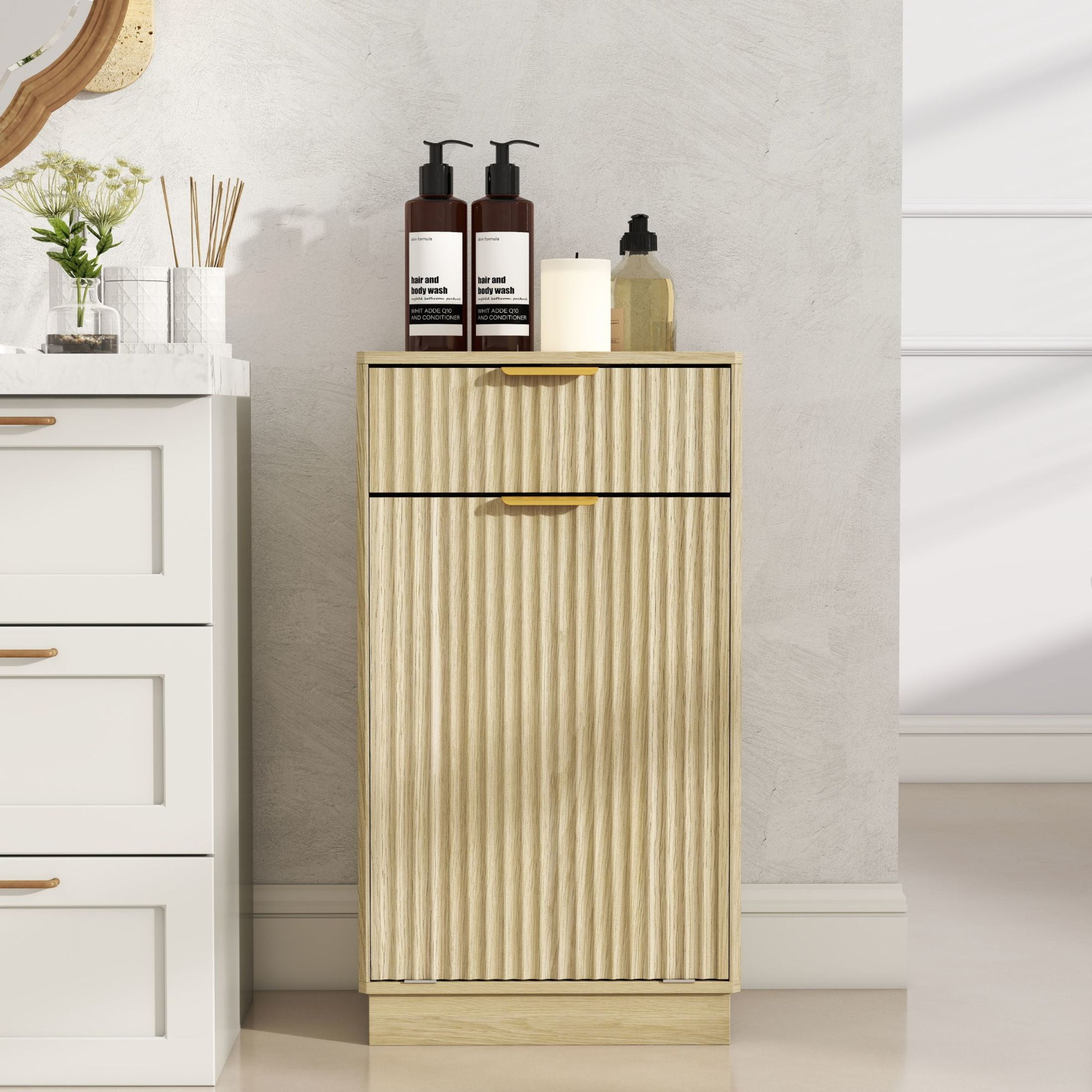 Noble House Great 10-Gallon Tilt-Out Trash Can Cabinet, Woodgrain Hidden Bin with Drawer for Kitchen, Bathroom, Oak