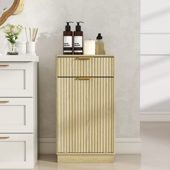 Noble House Great 10-Gallon Tilt-Out Trash Can Cabinet, Woodgrain Hidden Bin with Drawer for Kitchen, Bathroom, Oak