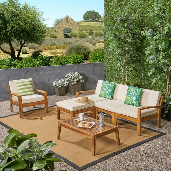 Noble House Wood Outdoor Patio Dining Set with Outdoor Cushions, Beige