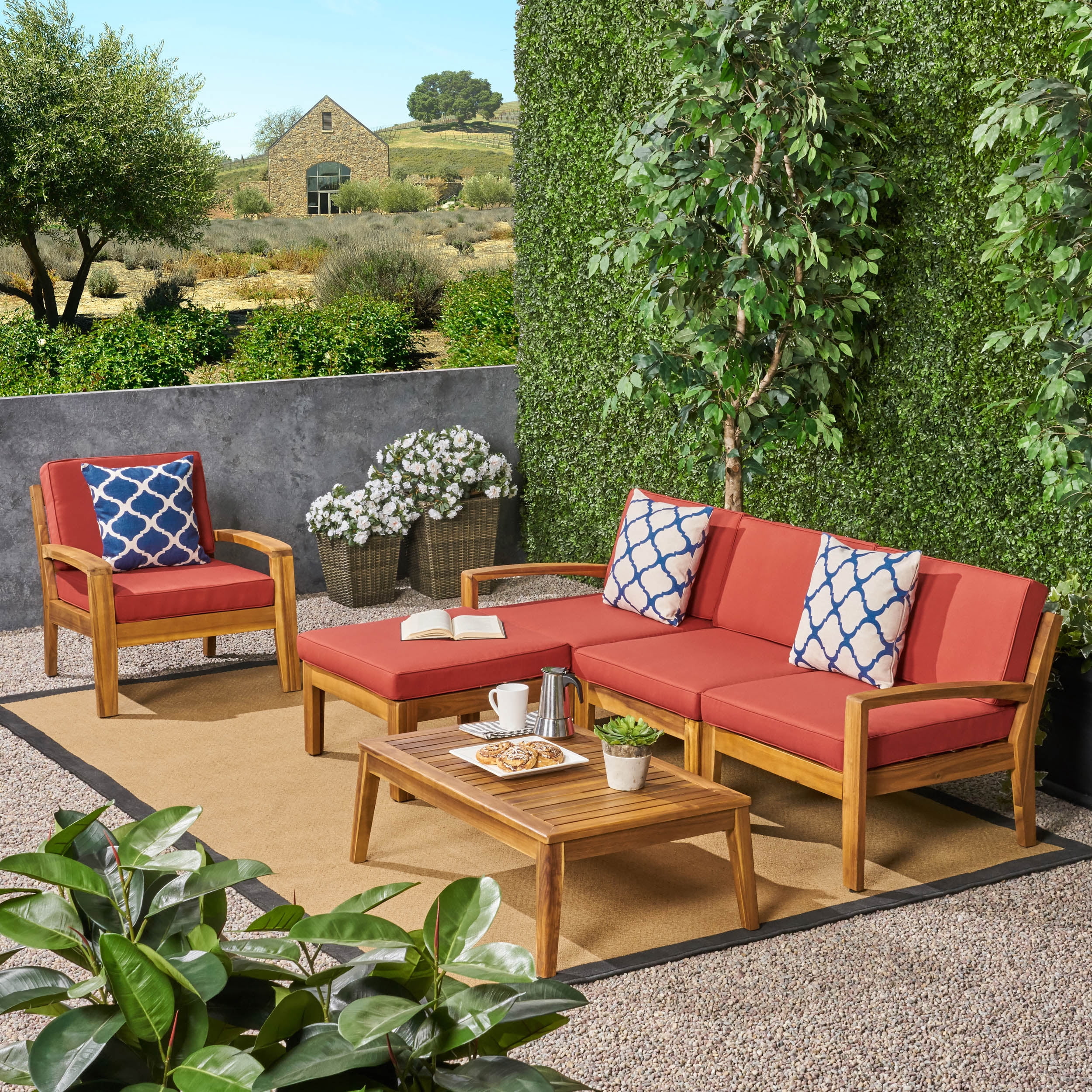 Wilcox Outdoor 6 Piece Acacia Wood Sectional Sofa Set with Cushions, Teak, Red