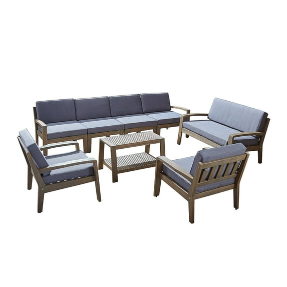 Noble House Grenada 8 Piece Outdoor Acacia Wood Sectional Sofa Set in Gray