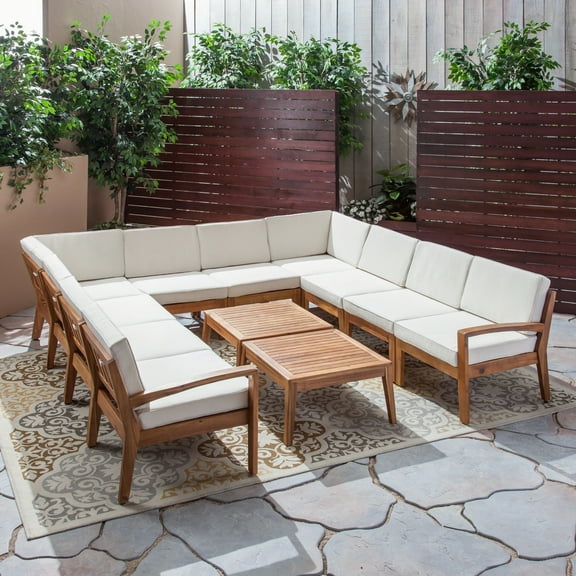 Noble House Grenada Outdoor Acacia Wood 10 Seater Sectional Sofa Set Teak/Beige