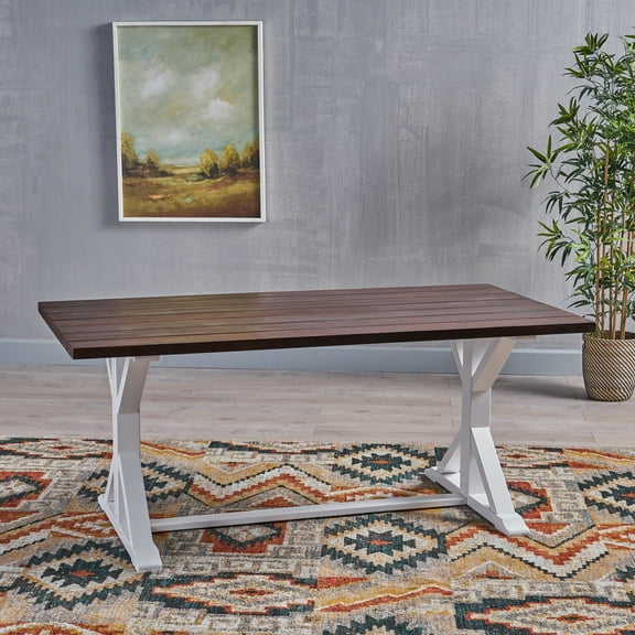 Noble House Greysen Farmhouse Rustic Acacia Wood Dining Table, Dark Brown, White