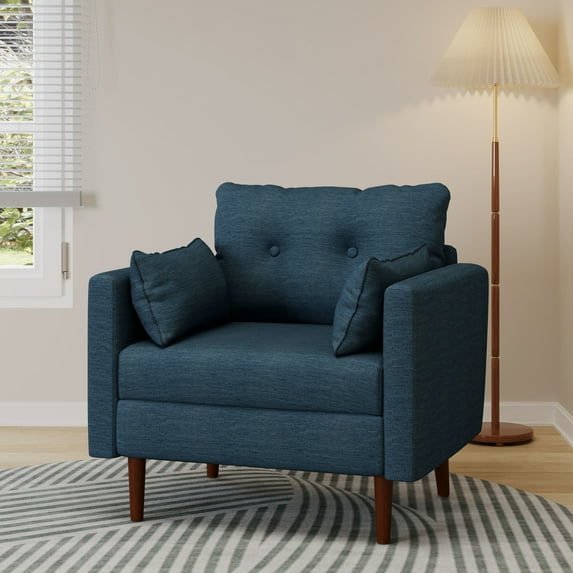 Noble House Grouse Fabric Tufted Club Chair with Accent Pillows, Navy Blue and Walnut