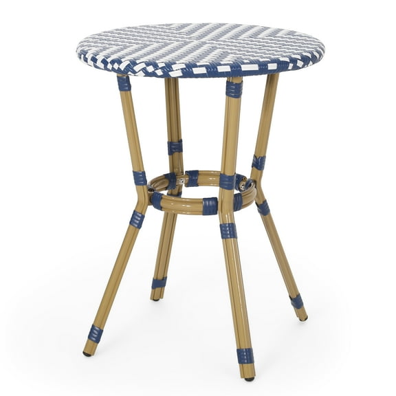 Noble House Groveport Outdoor 21.75" French Round Aluminum Bistro Table with Tabletop, White/Navy Blue