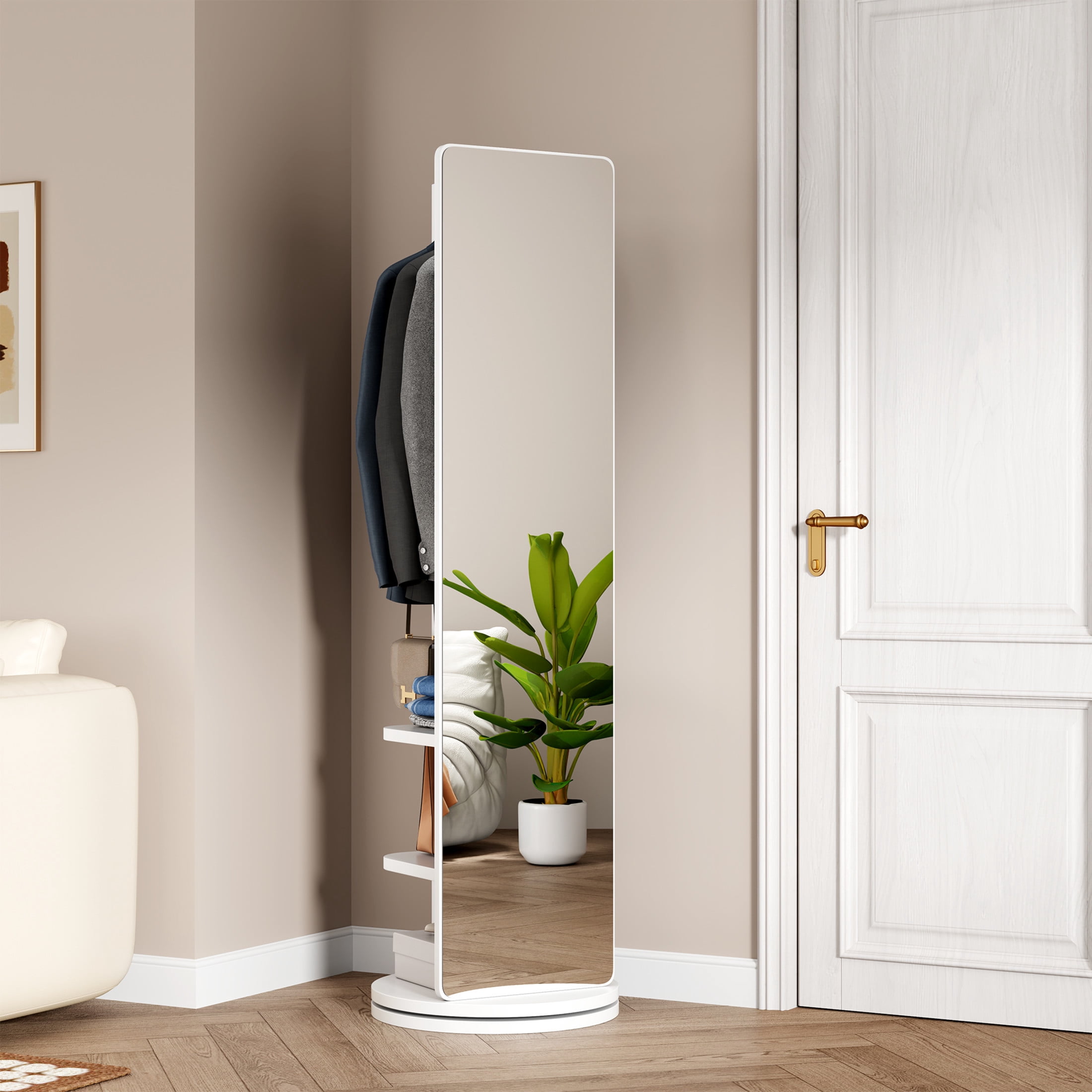 Noble House Gunther 360° Rotating Full-Length Mirror Coat Rack, Solid Rubberwood, for Small Space, Large, White