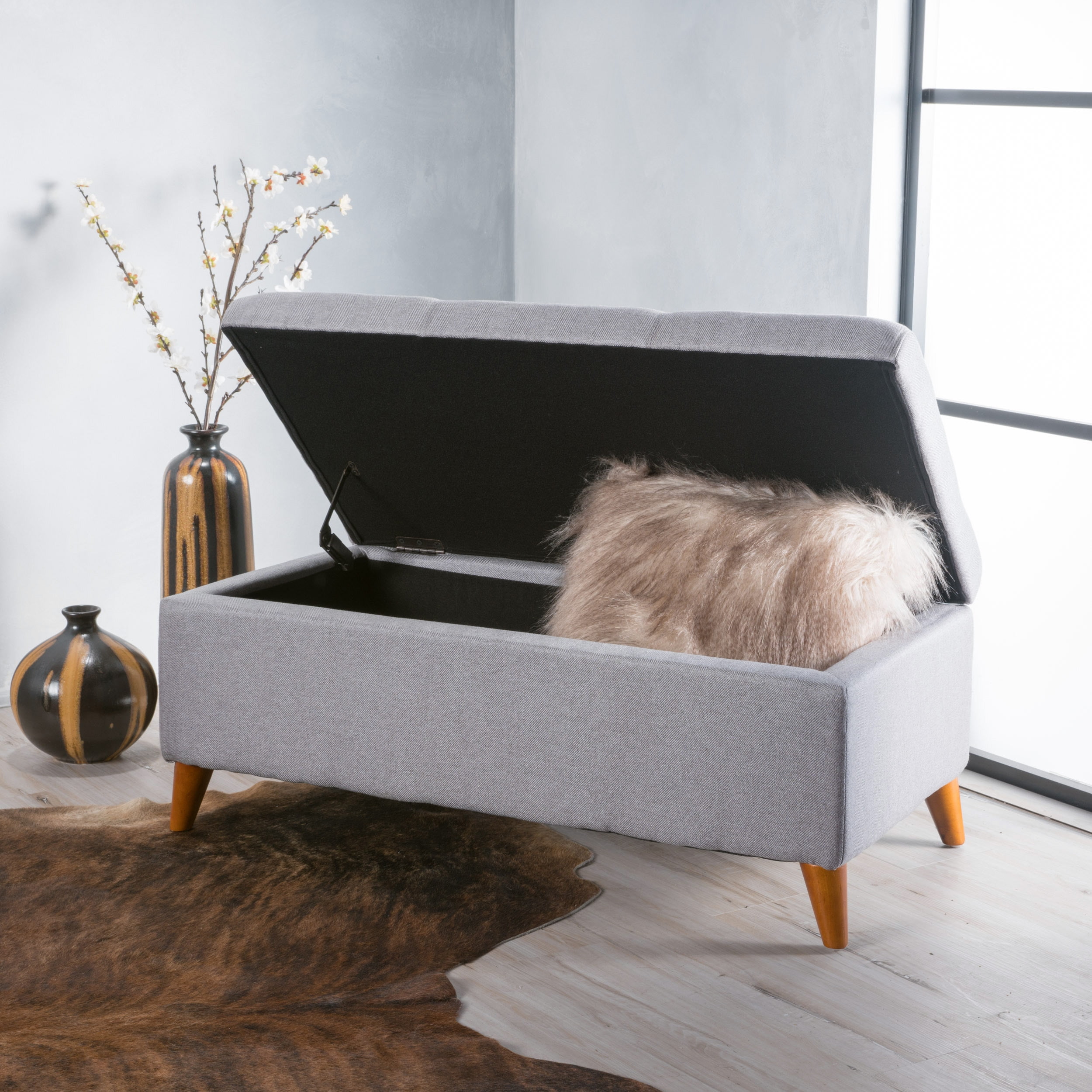 Noble House Haden Rectangular Fabric Storage Ottoman, Light Grey