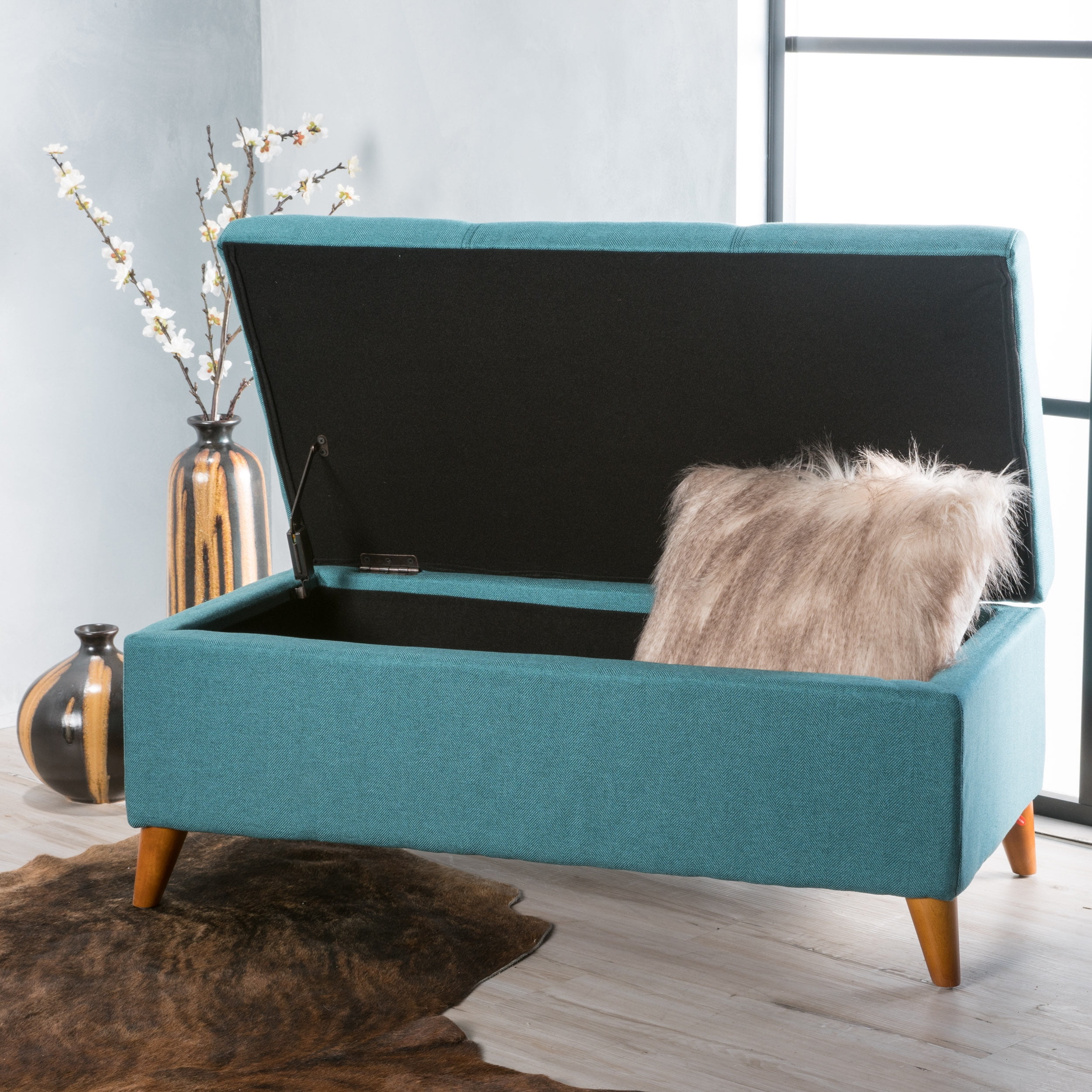 Free Shipping! Noble House Traditional Teal Fabric Storage Ottoman