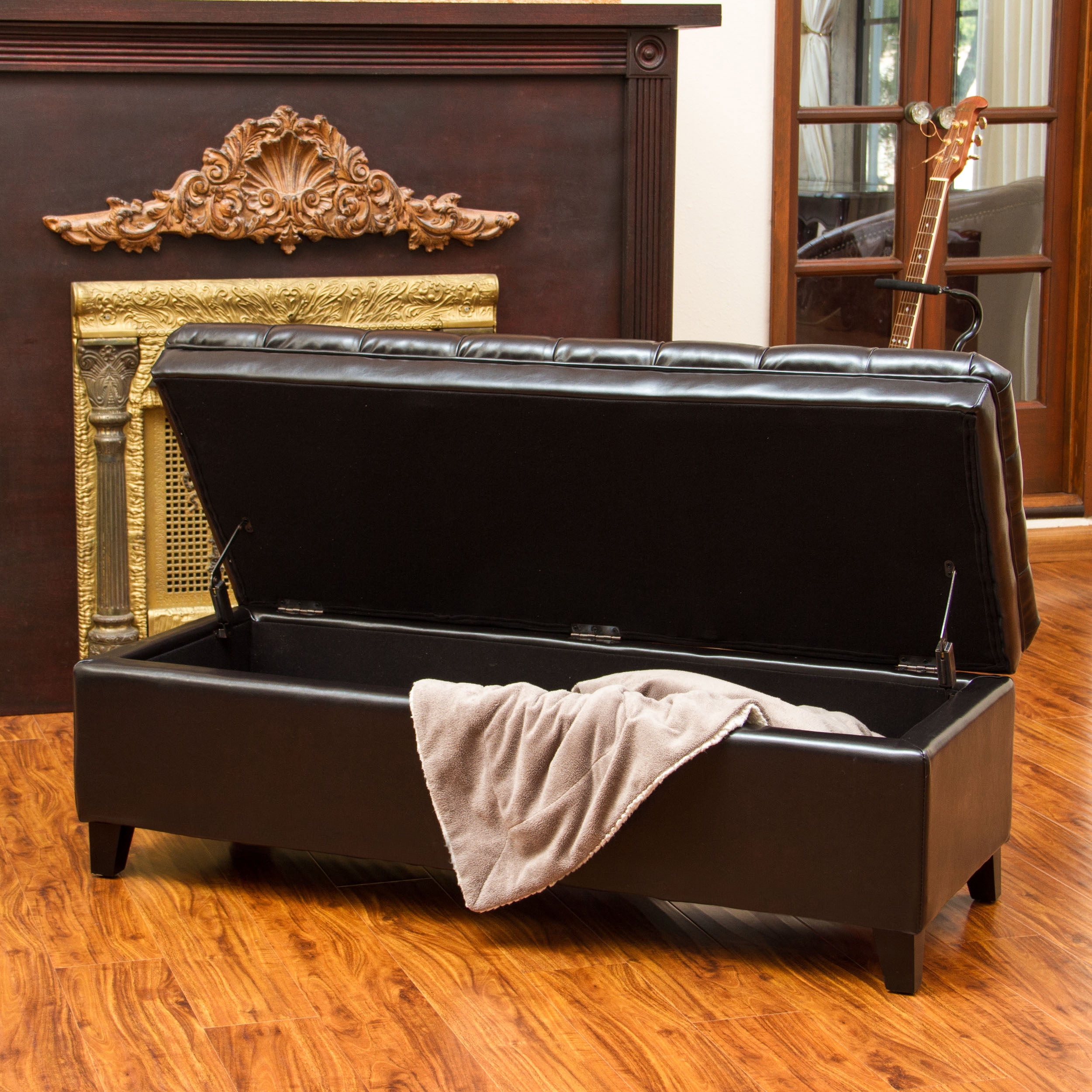 Espresso leather on sale storage ottoman