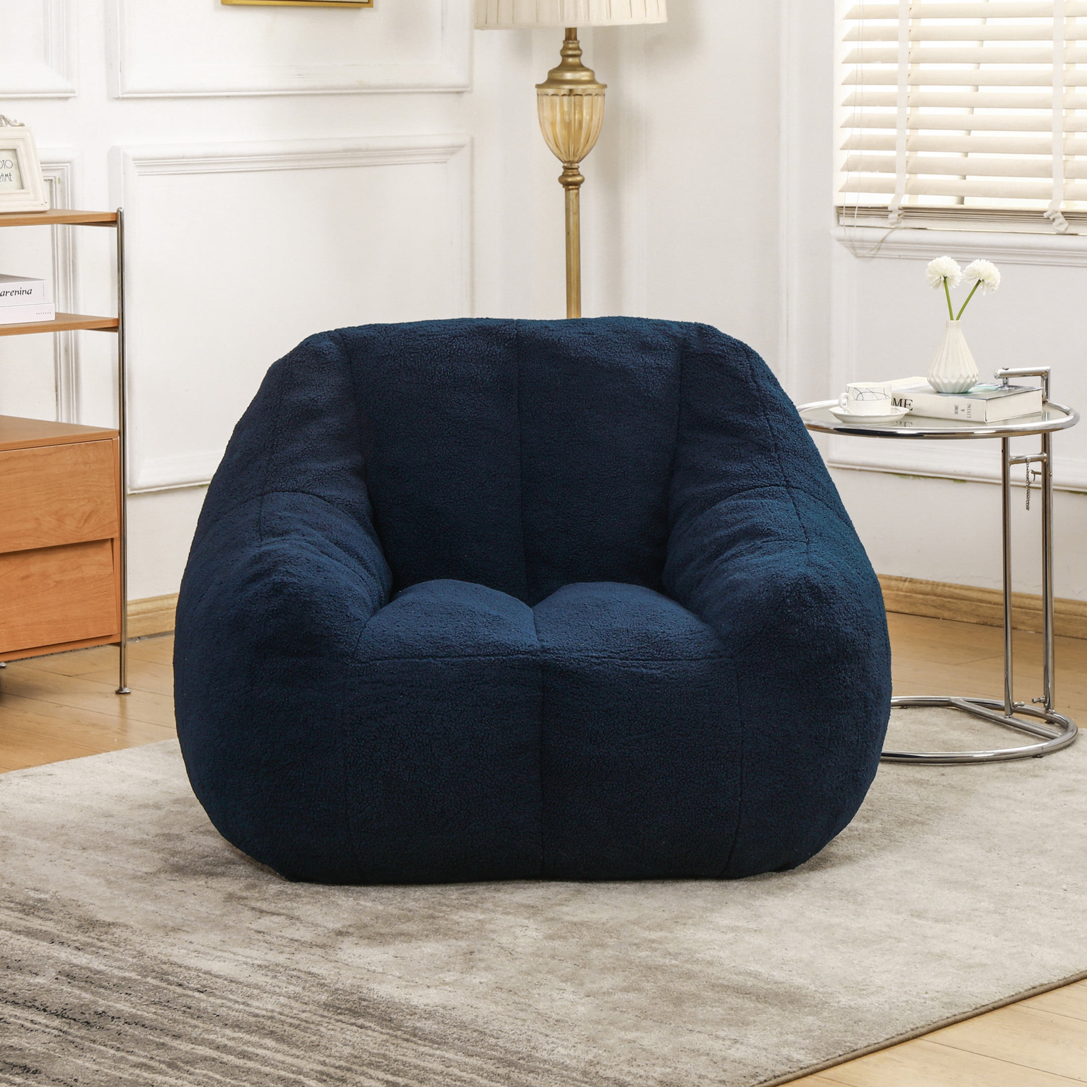 Noble House Halden Comfy Faux Fur Bean Bag Chair, Tufted Soft Memory Foam Lazy Sofa, for Living Room, Dark Blue