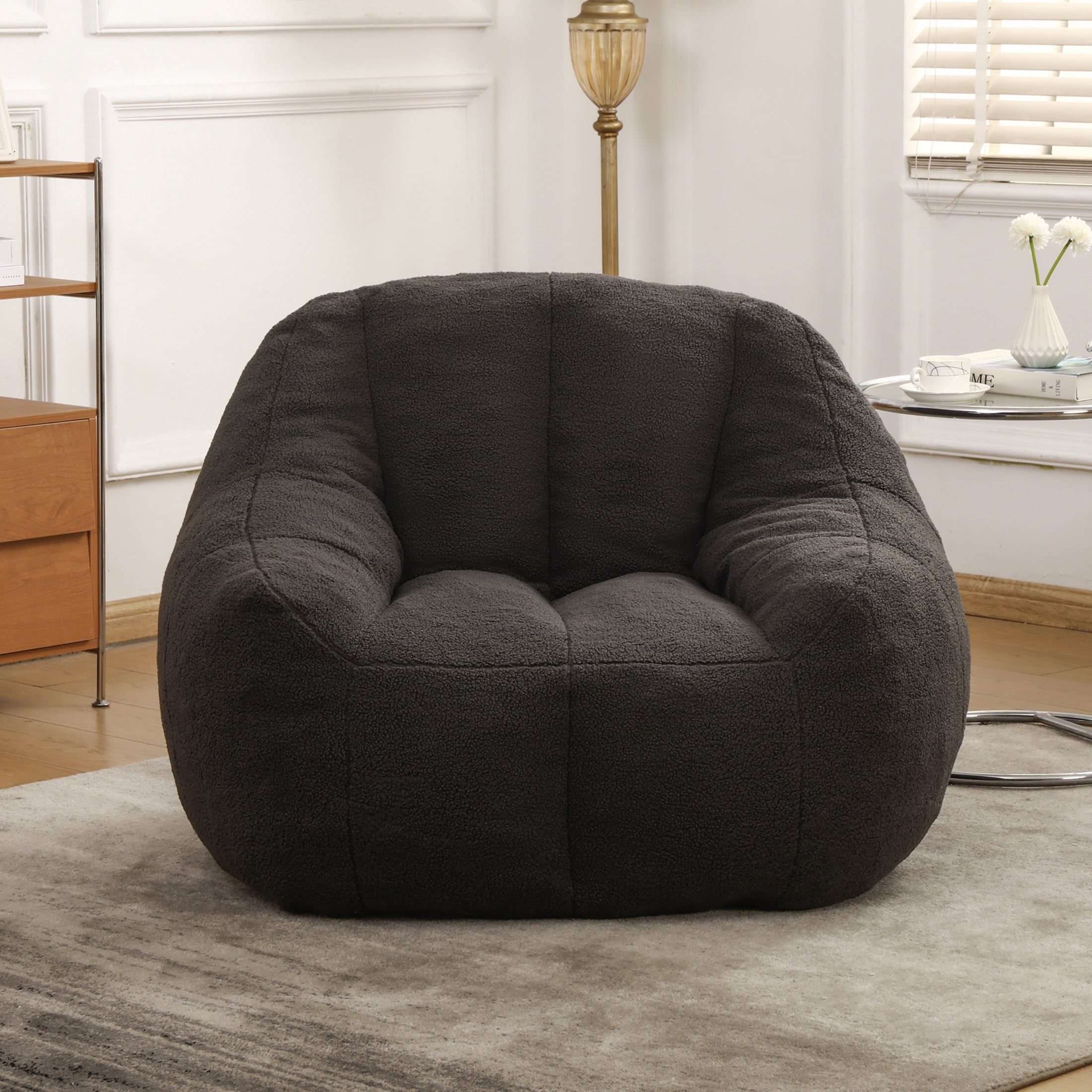 Noble House Halden Comfy Faux Fur Bean Bag Chair, Tufted Soft Memory Foam Lazy Sofa, for Living Room, Dark Gray