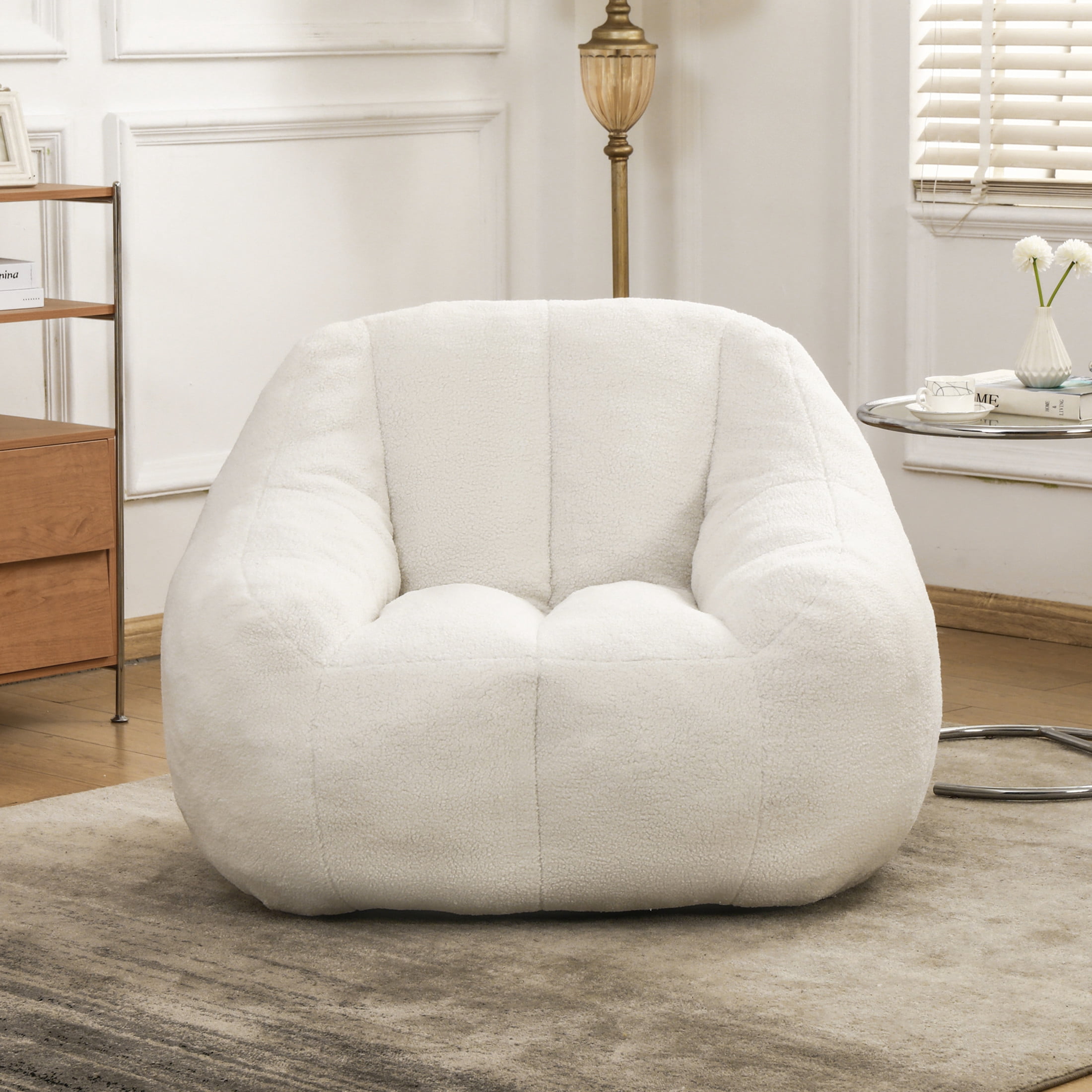 Noble House Halden Comfy Faux Fur Bean Bag Chair, Tufted Soft Memory Foam Lazy Sofa, for Living Room, White