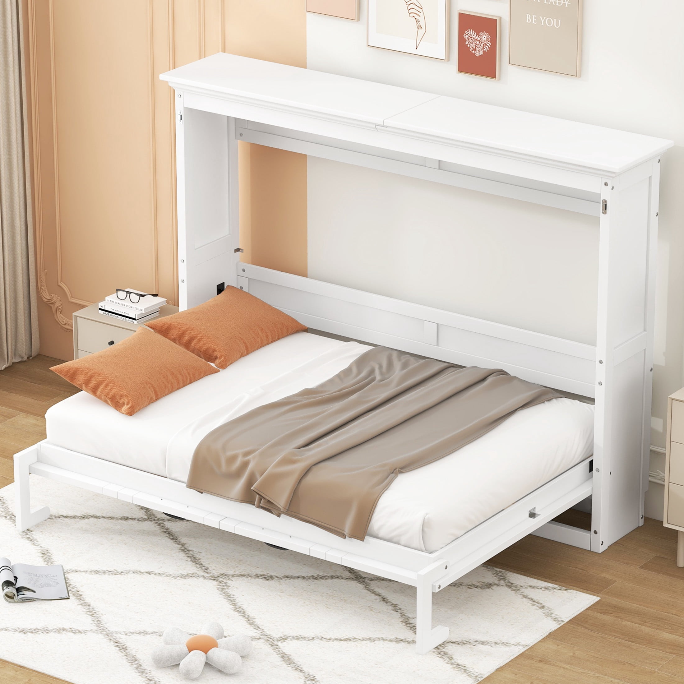 Noble House Halden Full Size Pine Wood Murphy Bed, Hidden Foldable Wall Bed Cabinet with Slat Support, White