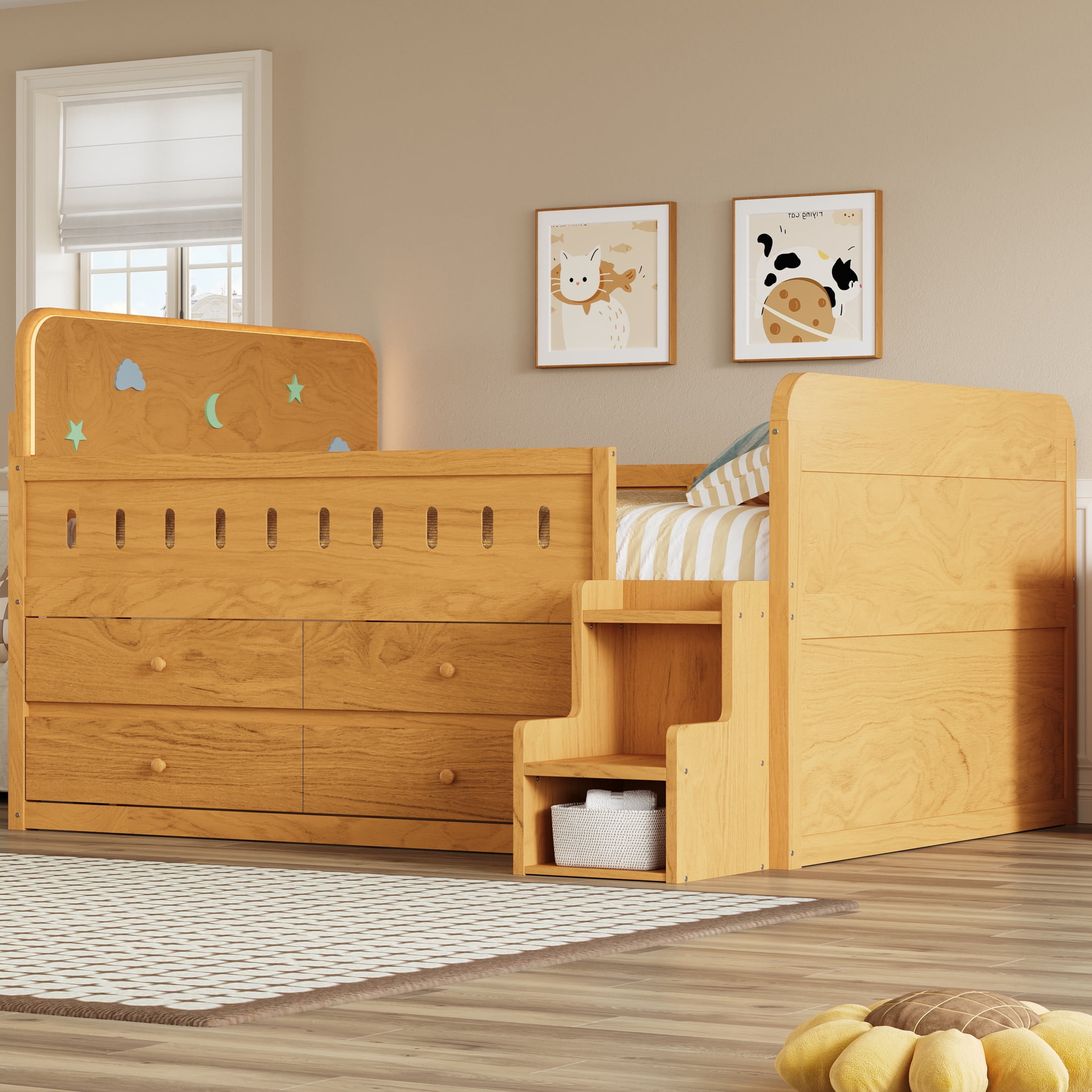 Noble House Halden Full Size Wooden Bed, Integrated LED Lighting and 4 Storage Drawers with Ladder, Natural