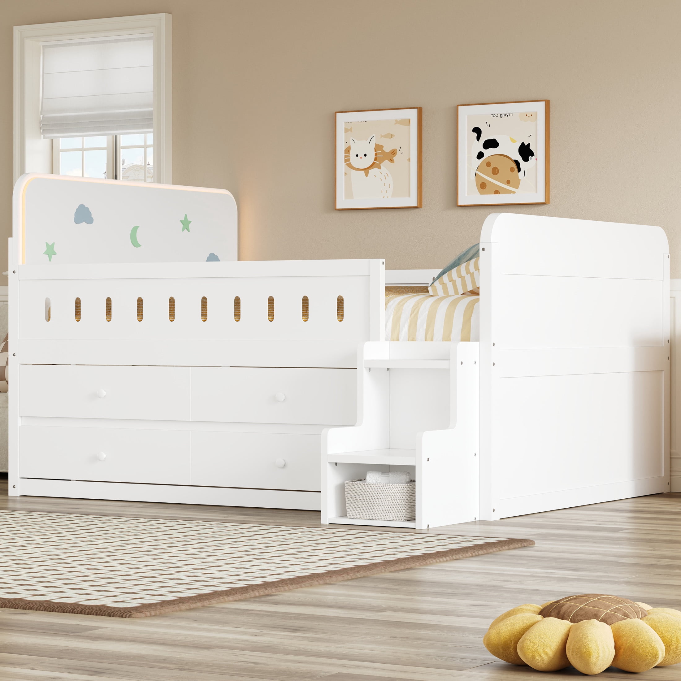 Noble House Halden Full Size Wooden Bed, Integrated LED Lighting and 4 Storage Drawers with Ladder, White