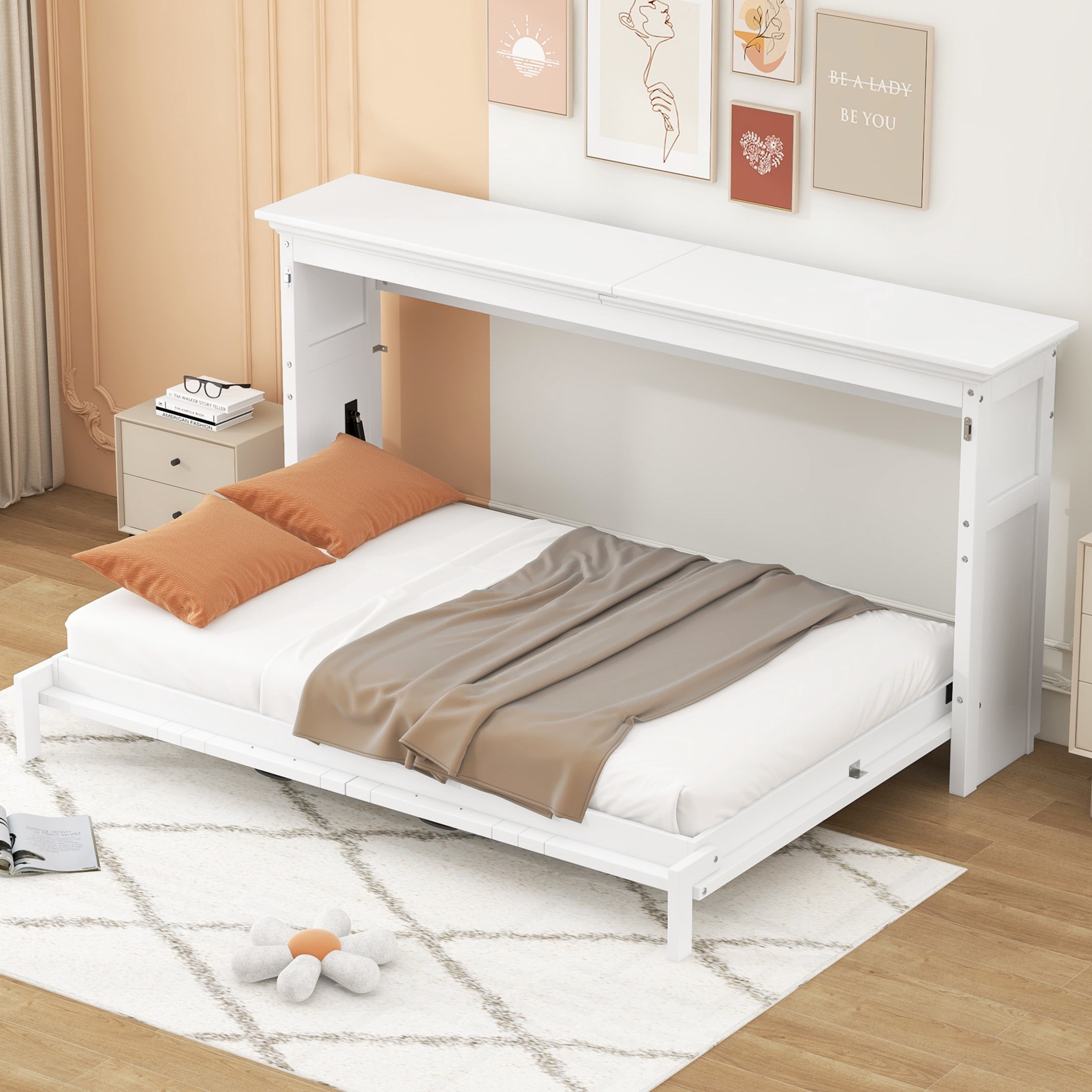 Noble House Halden Twin Size Pine Wood Murphy Bed, Hidden Foldable Wall Bed Cabinet with Slat Support, White
