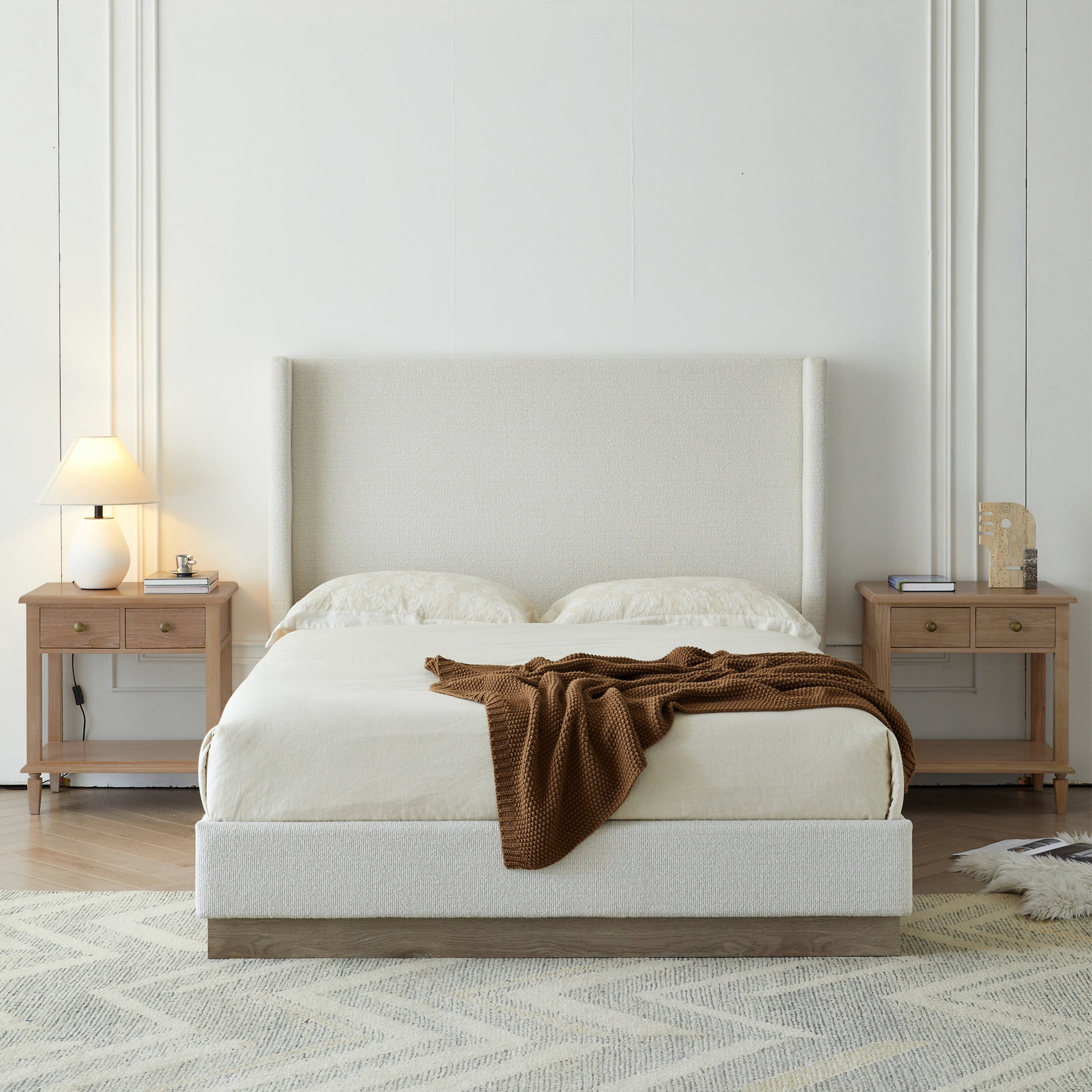 Noble House Hale King Boucle Upholstered Wingback Platform Bed, High Headboard, Sturdy Metal Frame, Cream White