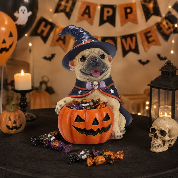 Noble House Halloween Bulldog Witch Puppy Figurine with Pumpkin Candy Bowl, Decorative Statue, Brown