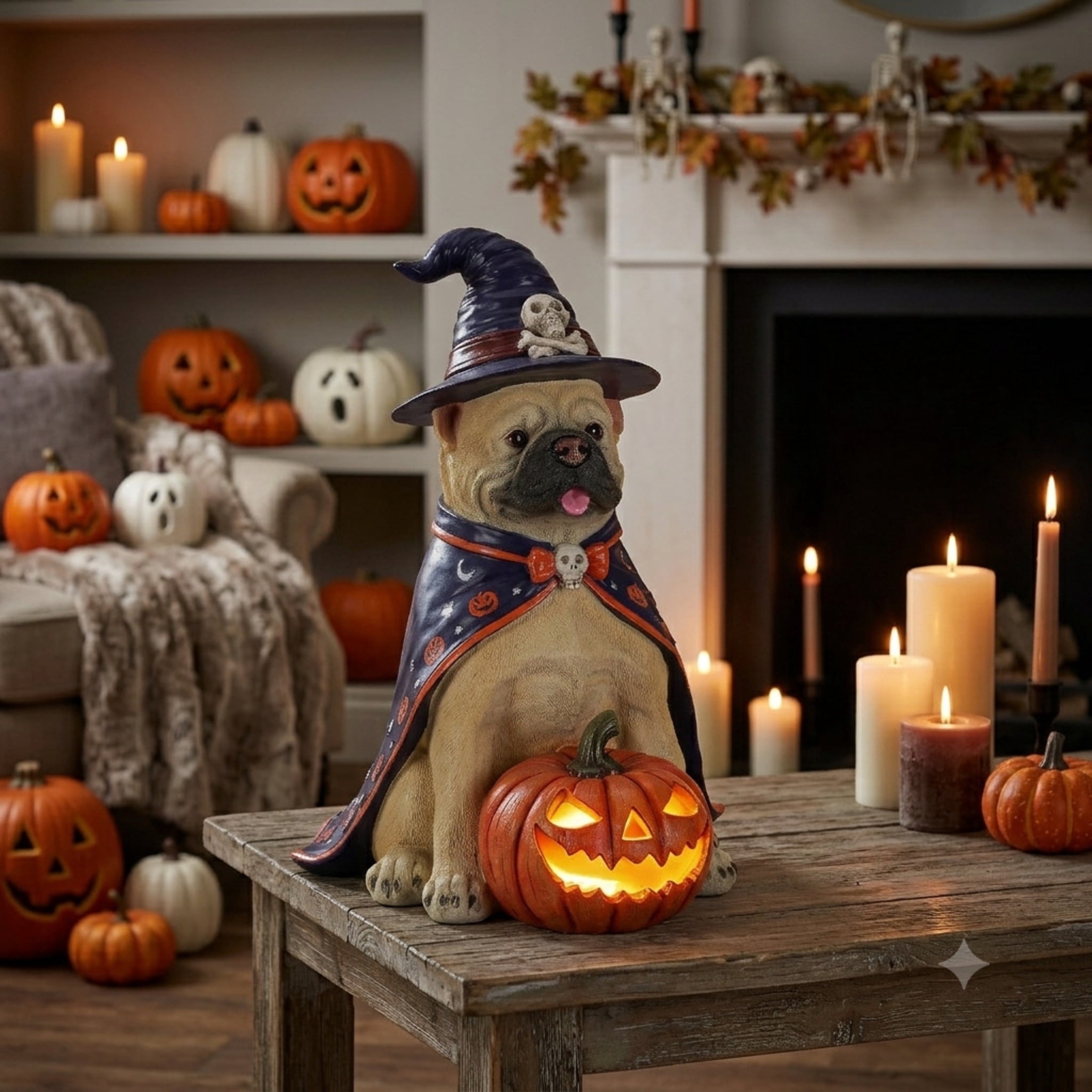 Noble House Halloween Bulldog Witch Puppy Figurine with Pumpkin Lantern, Decorative Statue, Brown