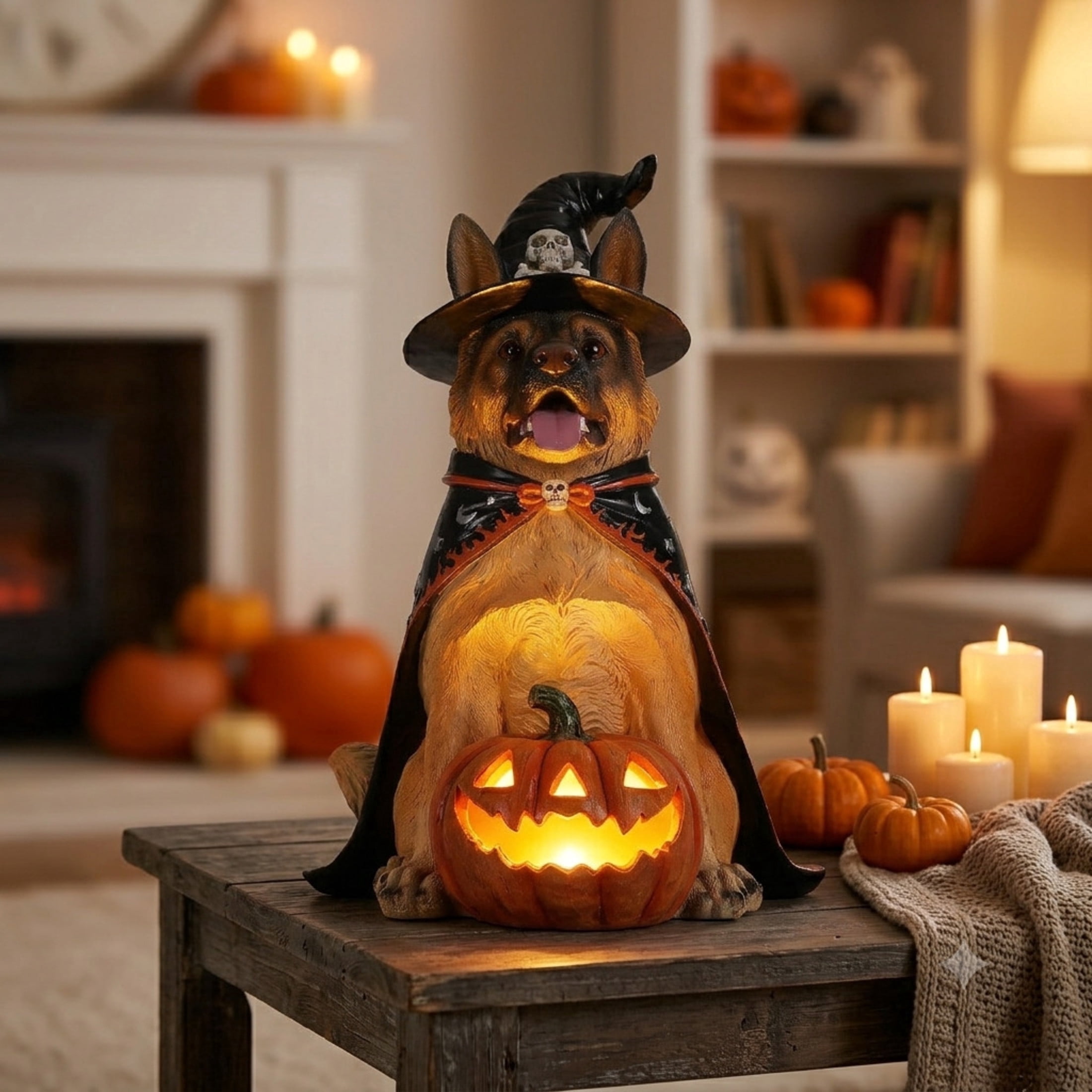 Noble House German Shepherd Witch Puppy Figurine with Pumpkin Lantern, Decorative Statue, Brown