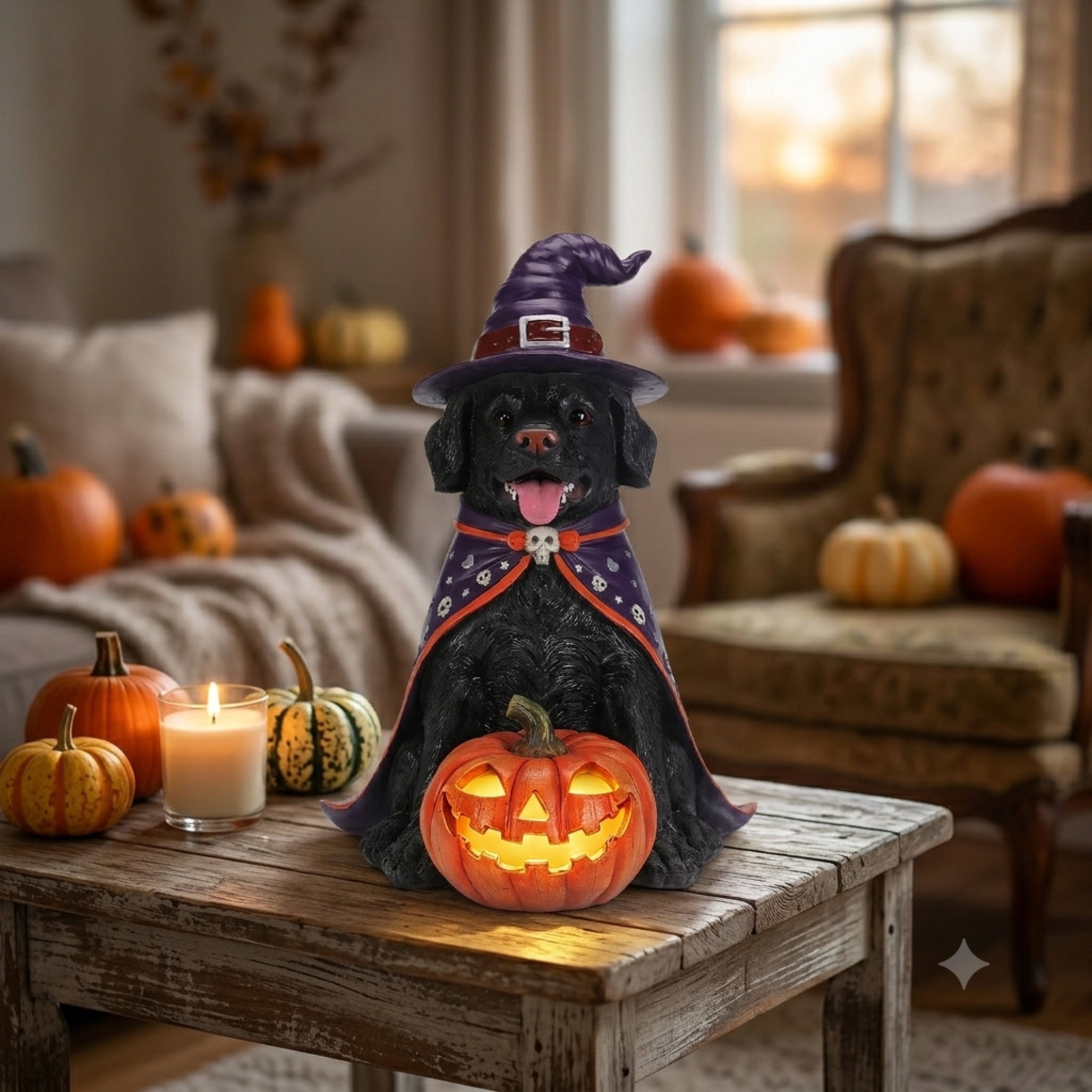 Noble House Halloween Golden Retriever Witch Puppy Figurine with Pumpkin Lantern, Decorative Statue, Black