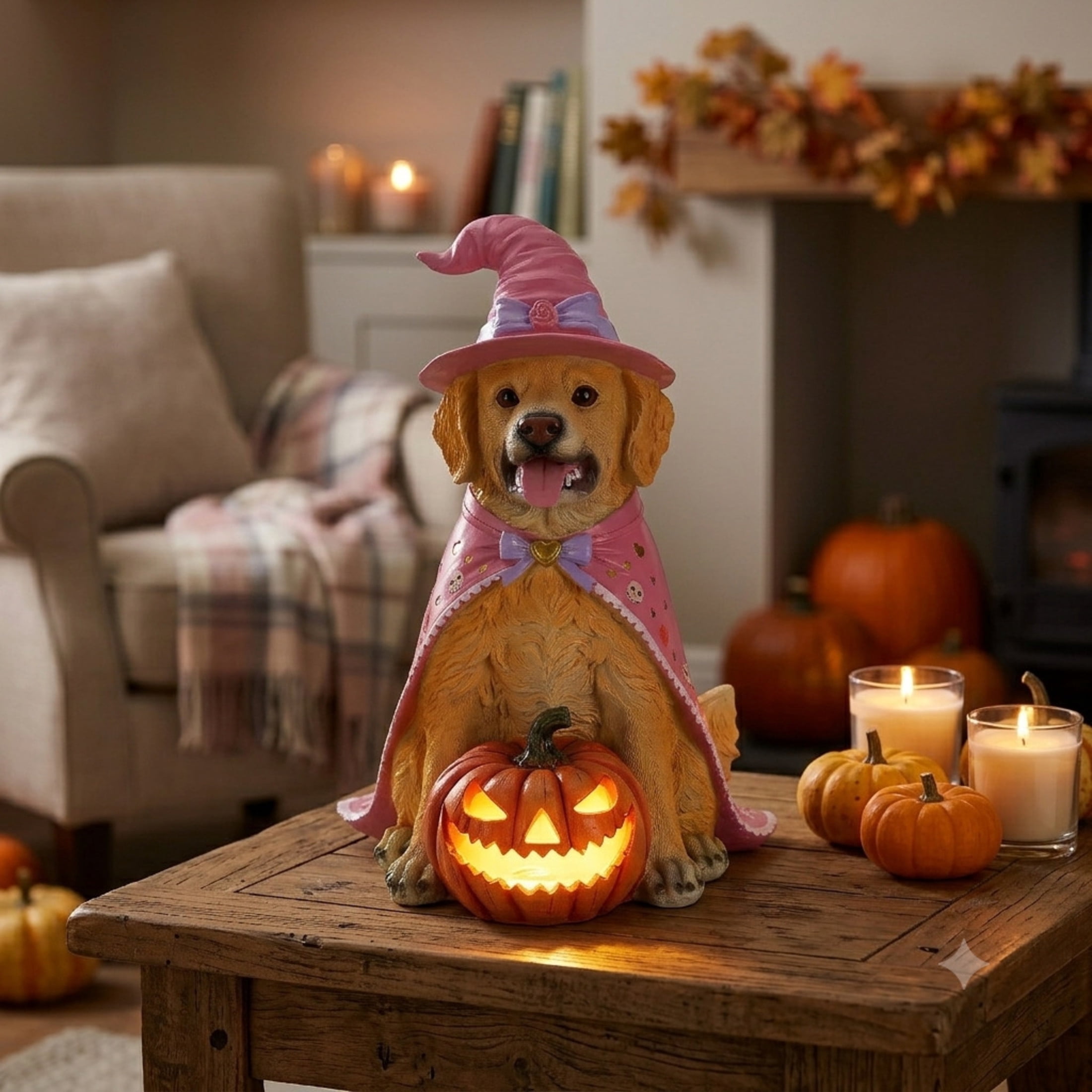 Noble House Halloween Golden Retriever Witch Puppy Figurine with Pumpkin Lantern, Decorative Statue, Brown