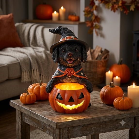 Noble House Halloween Labrador Retriever Witch Puppy Figurine with Pumpkin Candy Bowl, Decorative Statue, Black