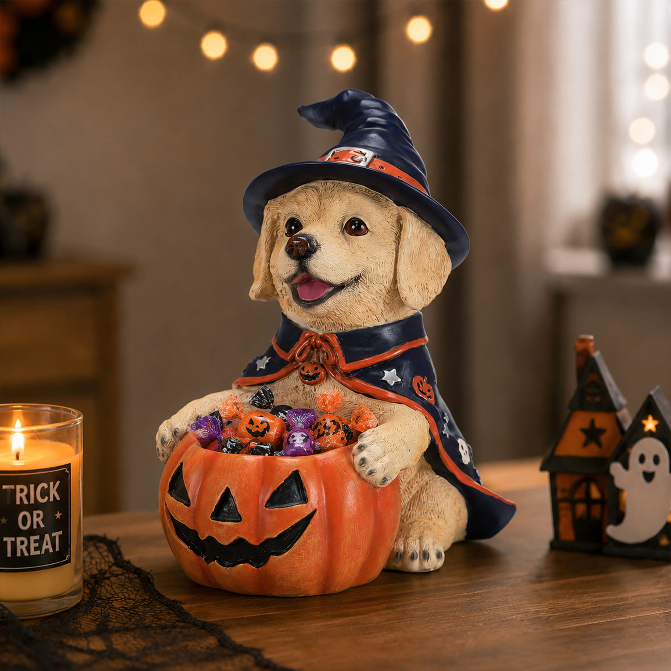 Noble House Halloween Labrador Retriever Witch Puppy Figurine with Pumpkin Candy Bowl, Decorative Statue, Brown