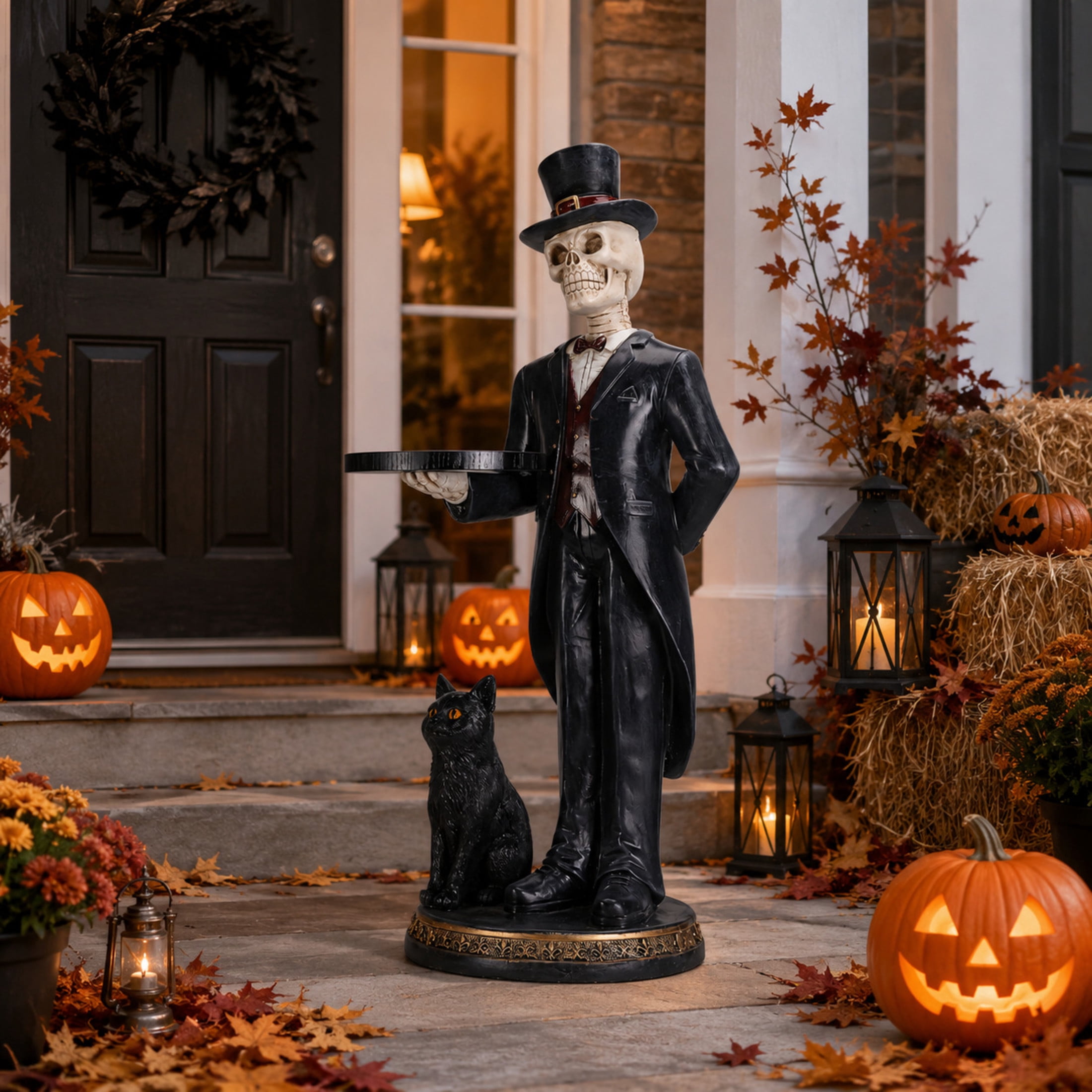 Noble House Halloween Skeleton Butler Floor Statue with Serving Tray & Black Cat, Entryway Decorative Figurine, Black