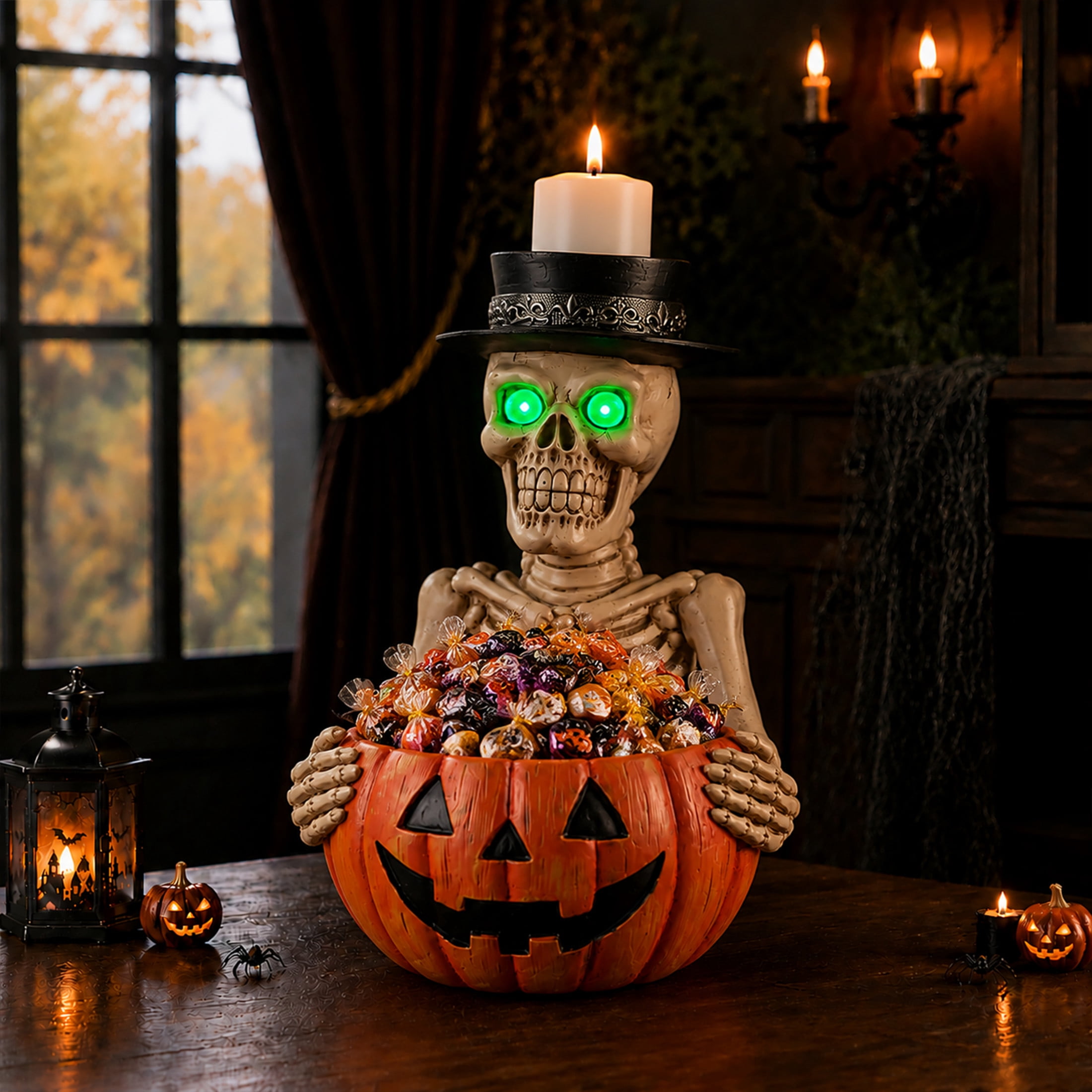 Noble House Halloween Skeleton Figurine with Pumpkin Bowl & Pillar Candle Holder Top Hat, Decorative Statue, Black White