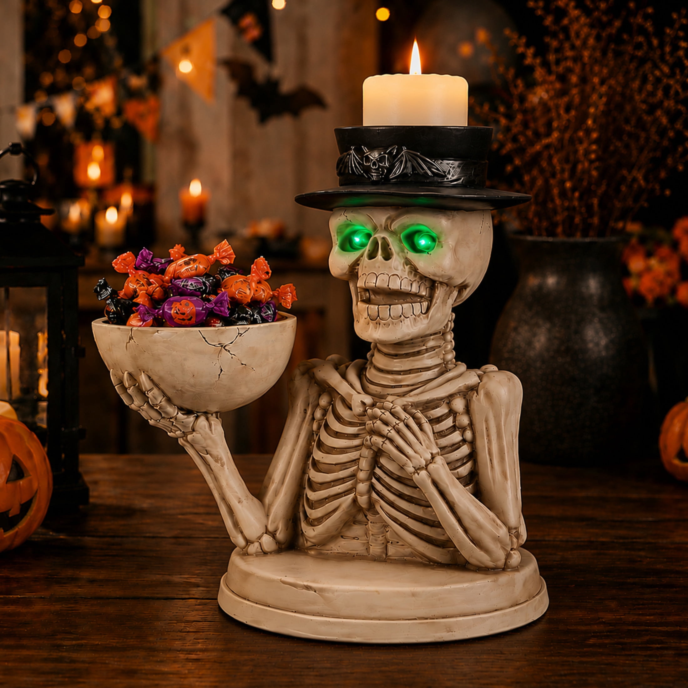 Noble House Halloween Skeleton Figurine with Storage Bowl & Pillar Candle Holder Top Hat, Decorative Statue, Black White