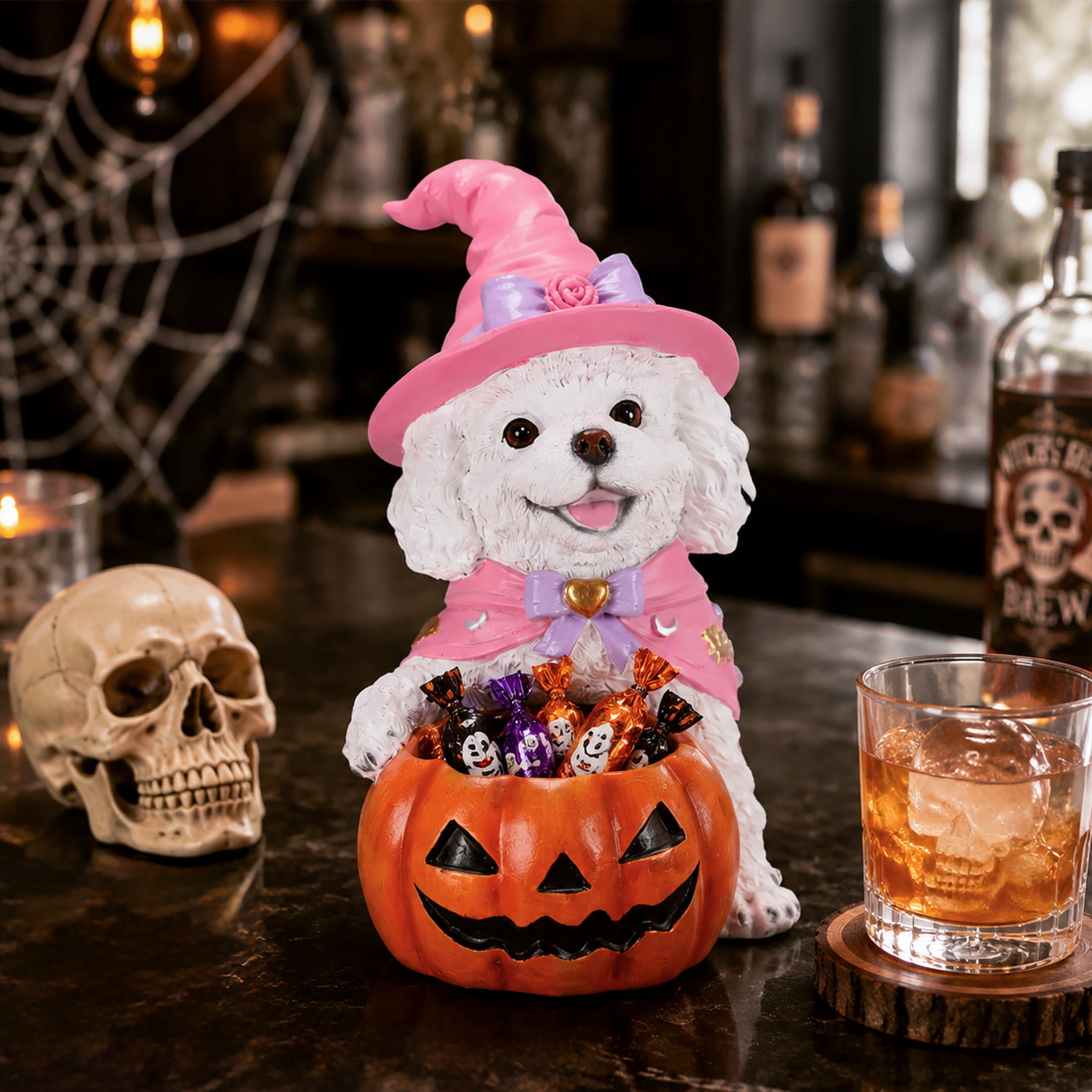 Noble House Halloween Teddy Dog Witch Puppy Figurine with Pumpkin Candy Bowl, Decorative Statue, White