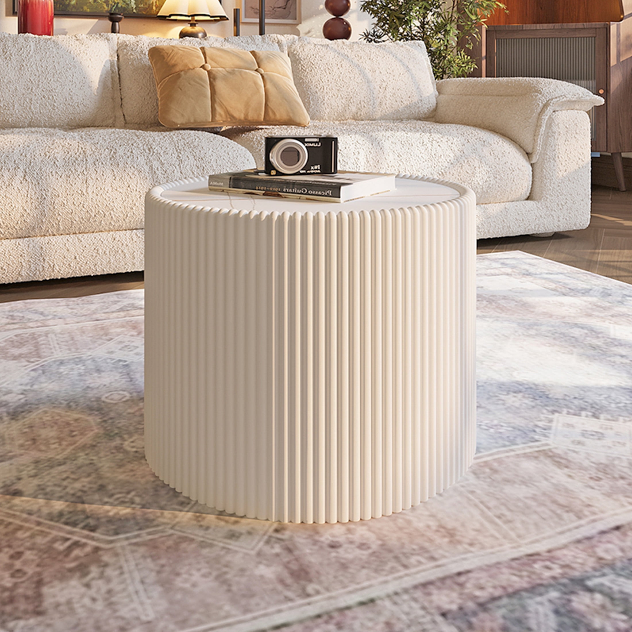 Noble House Halvion 17" Cylinder Sintered Stone Coffee Table with Leather Wrapped Frame, Modern Sofa Table, Milk White