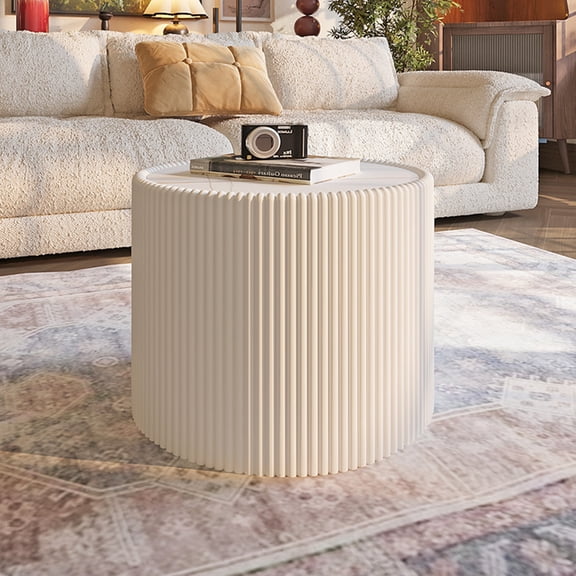 Noble House Halvion 17" Cylinder Sintered Stone Coffee Table with Leather Wrapped Frame, Modern Sofa Table, Milk White