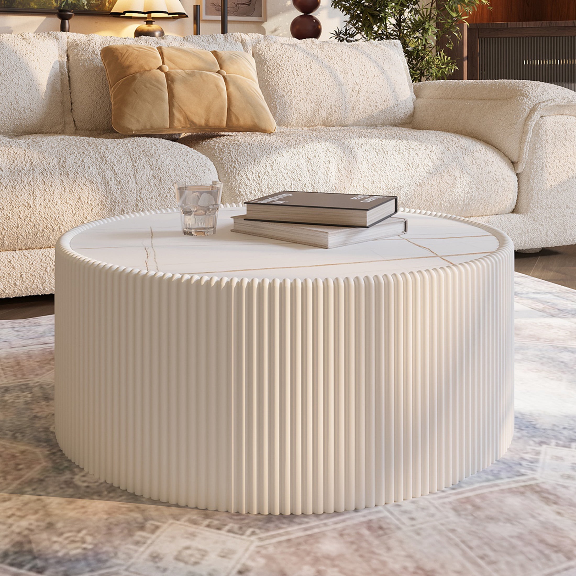 Noble House Halvion 29" Cylinder Sintered Stone Coffee Table with Leather Wrapped Frame, Modern Sofa Table, Milk White