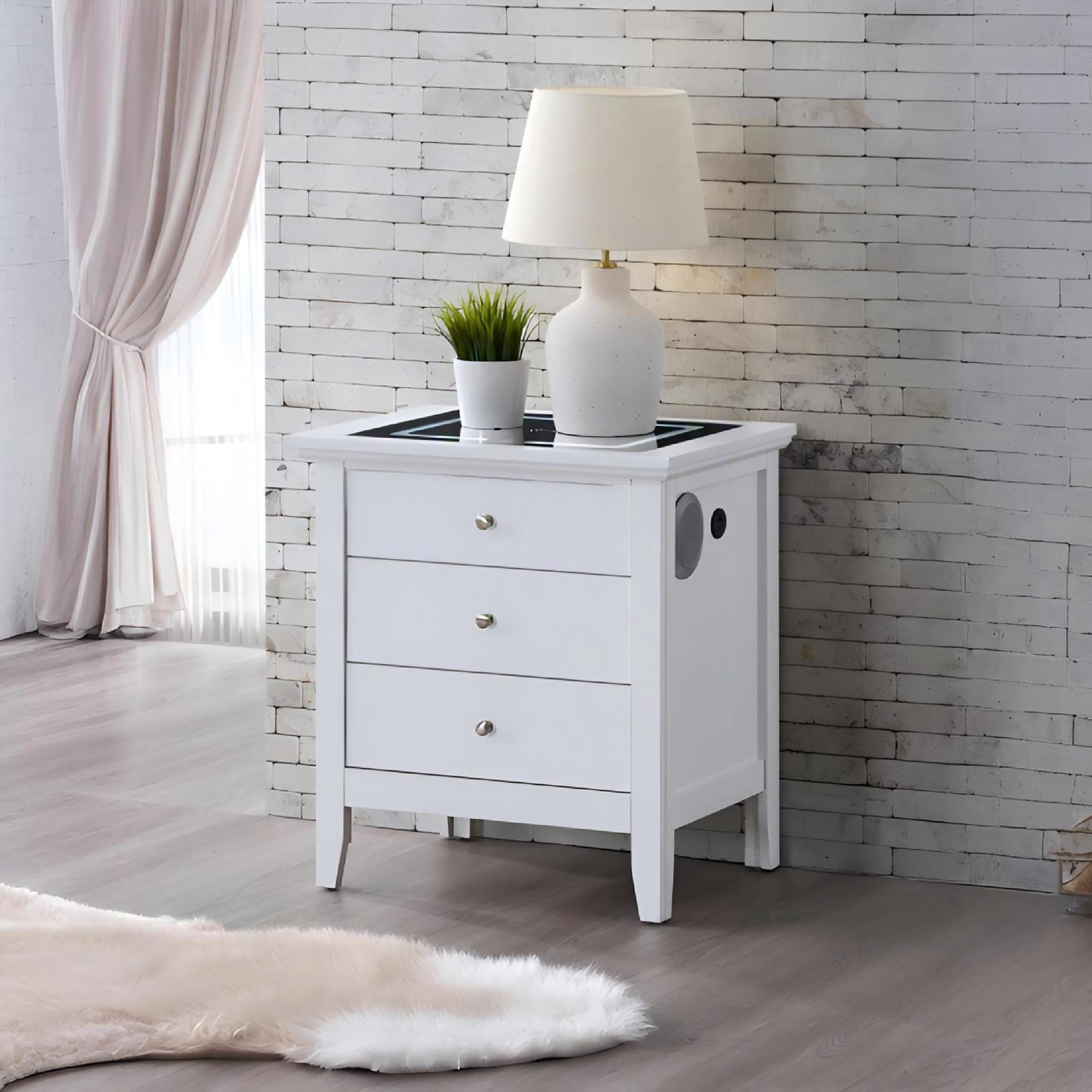 Noble House Hammond 3-Drawer Nightstand with USB Charging, Speakers, White