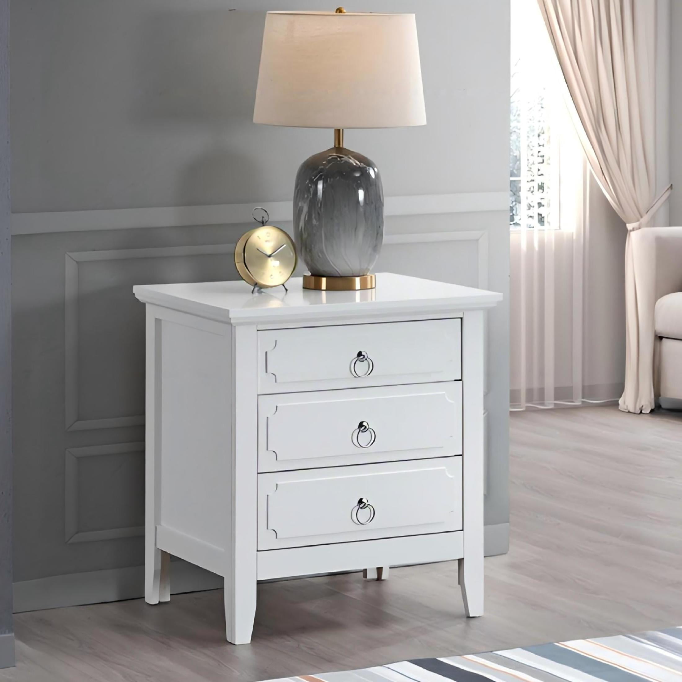 Noble House Hammond 3-Drawer Wood Nightstand, Dovetail Construction, White
