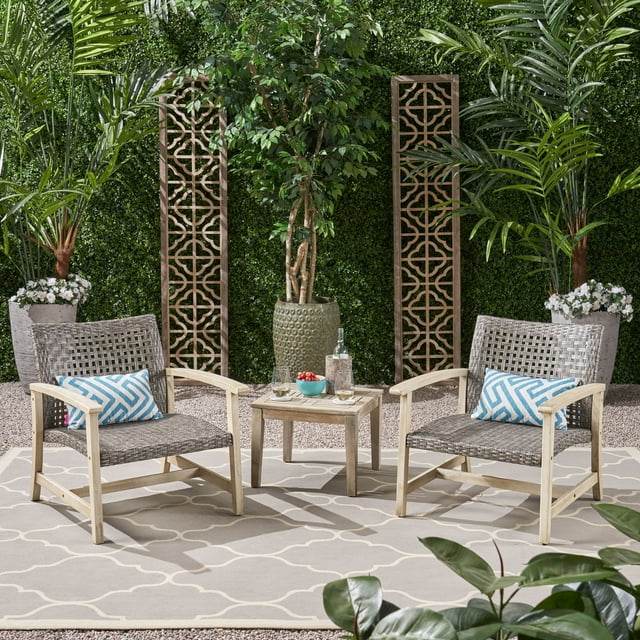 Noble House Hampton 3 Piece Outdoor Wood and Wicker Conversation Set in Black