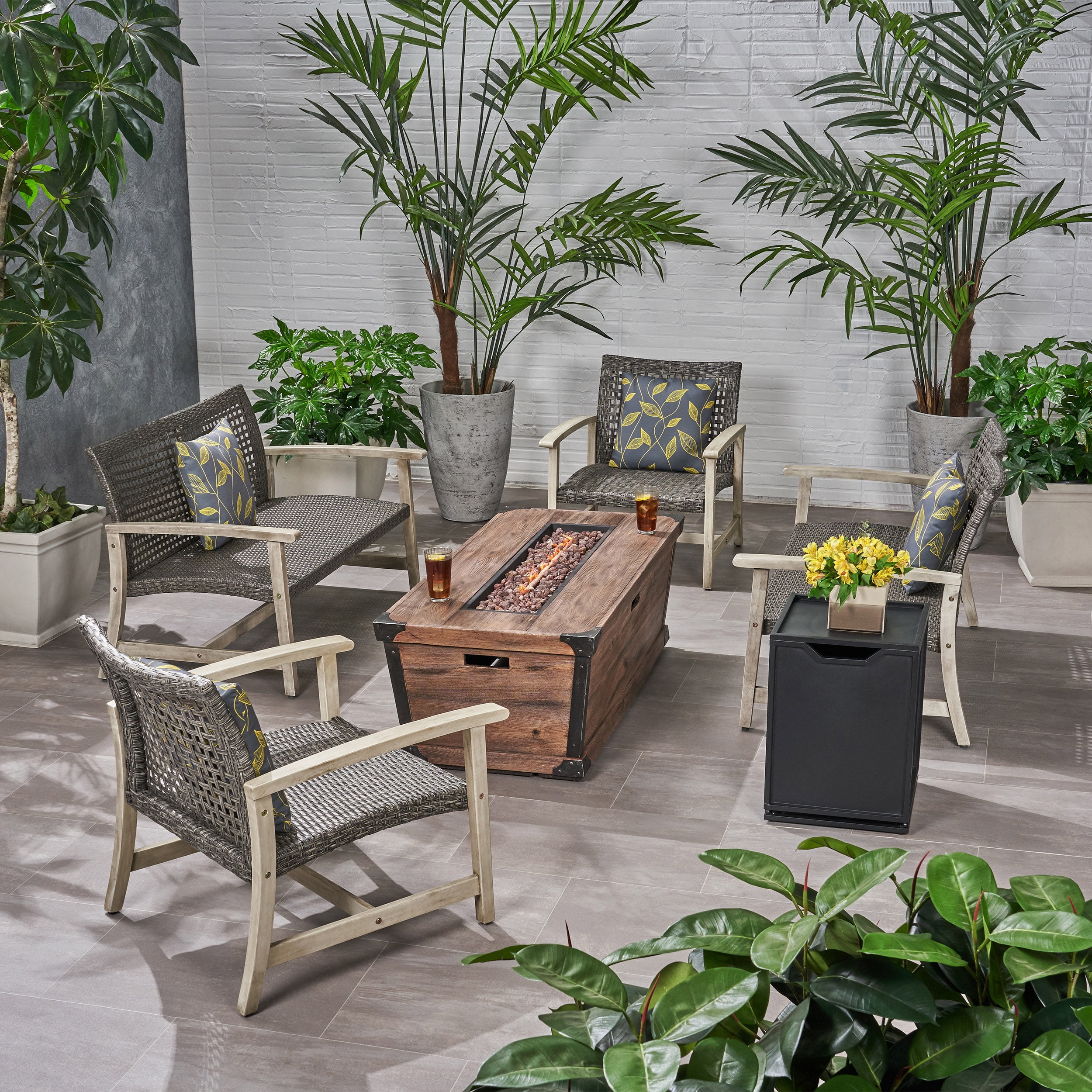 Noble House Hampton Outdoor 4 Pc Chat Set w/ Fire Pit Gray