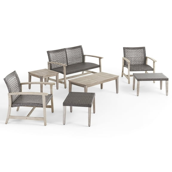Noble House Hampton Outdoor 7 Piece  Wicker Chat Set  Black