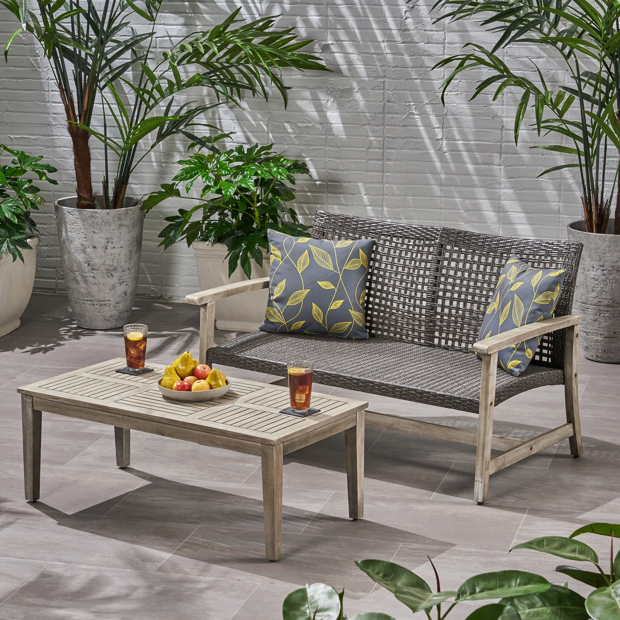 Camdyn Outdoor Wood and Wicker Loveseat and Coffee Table Set, Mixed Black