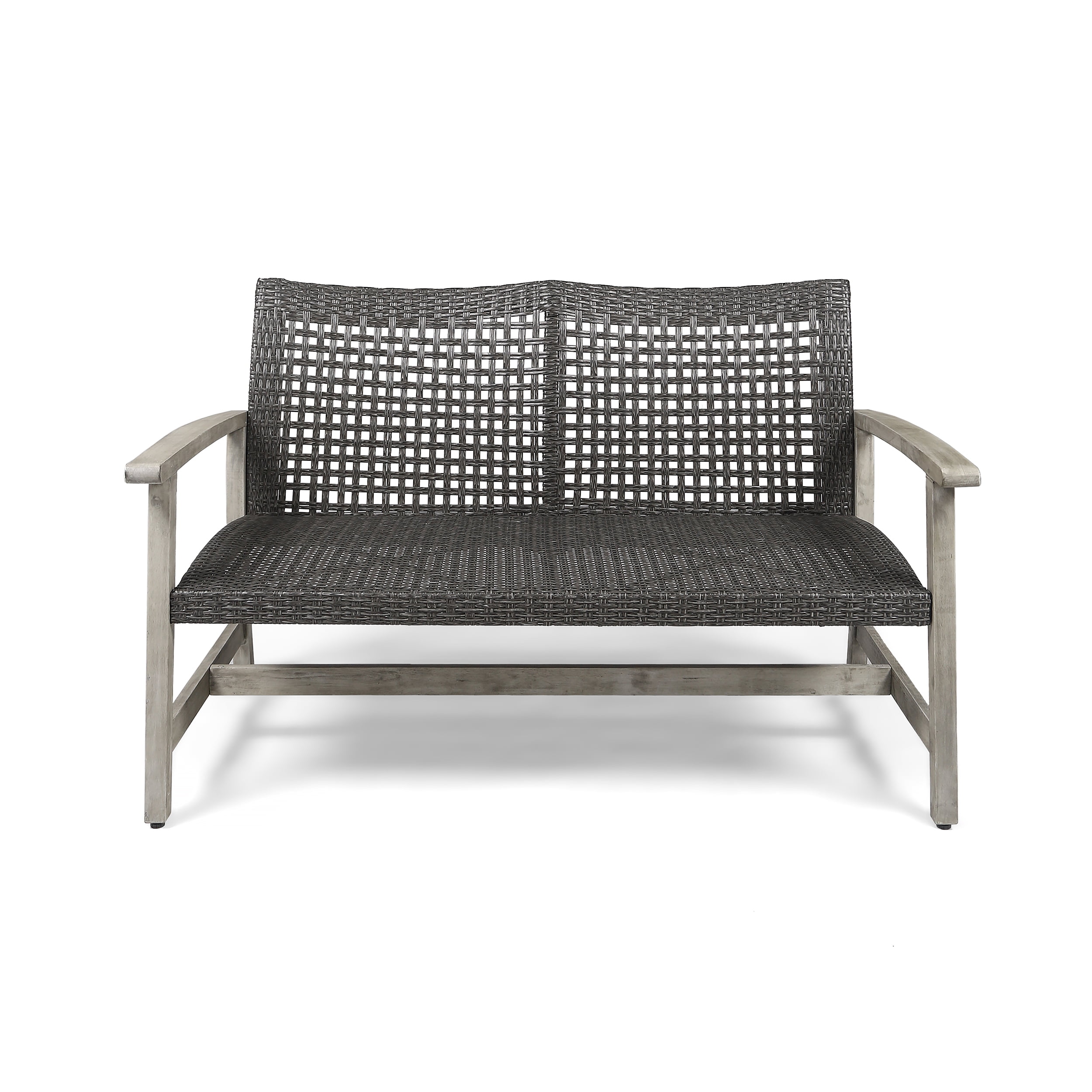 Light Gray Wash Wicker and Wood Two-Seater Outdoor Loveseat