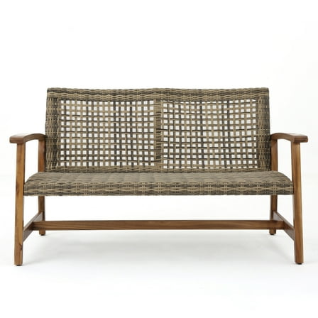 Noble House Hampton Outdoor Wood and Wicker Loveseat in Natural