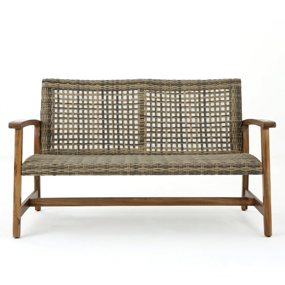 Noble House Hampton Outdoor Wood and Wicker Loveseat in Natural