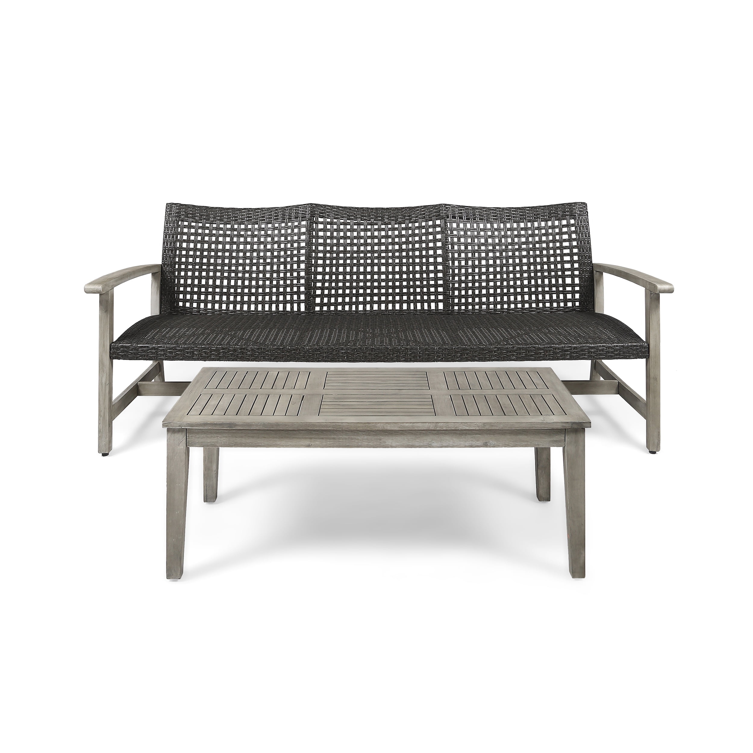 Camdyn Outdoor Wood and Wicker Sofa and Coffee Table Set, Mixed Black