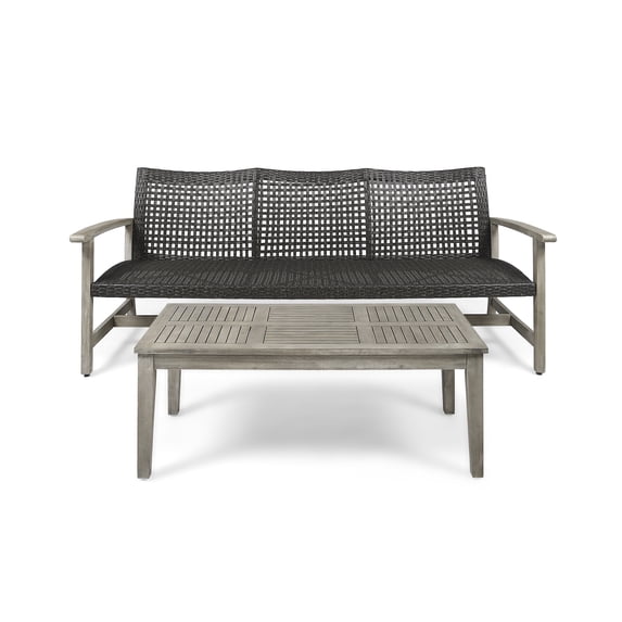 Camdyn Outdoor Wood and Wicker Sofa and Coffee Table Set, Mixed Black
