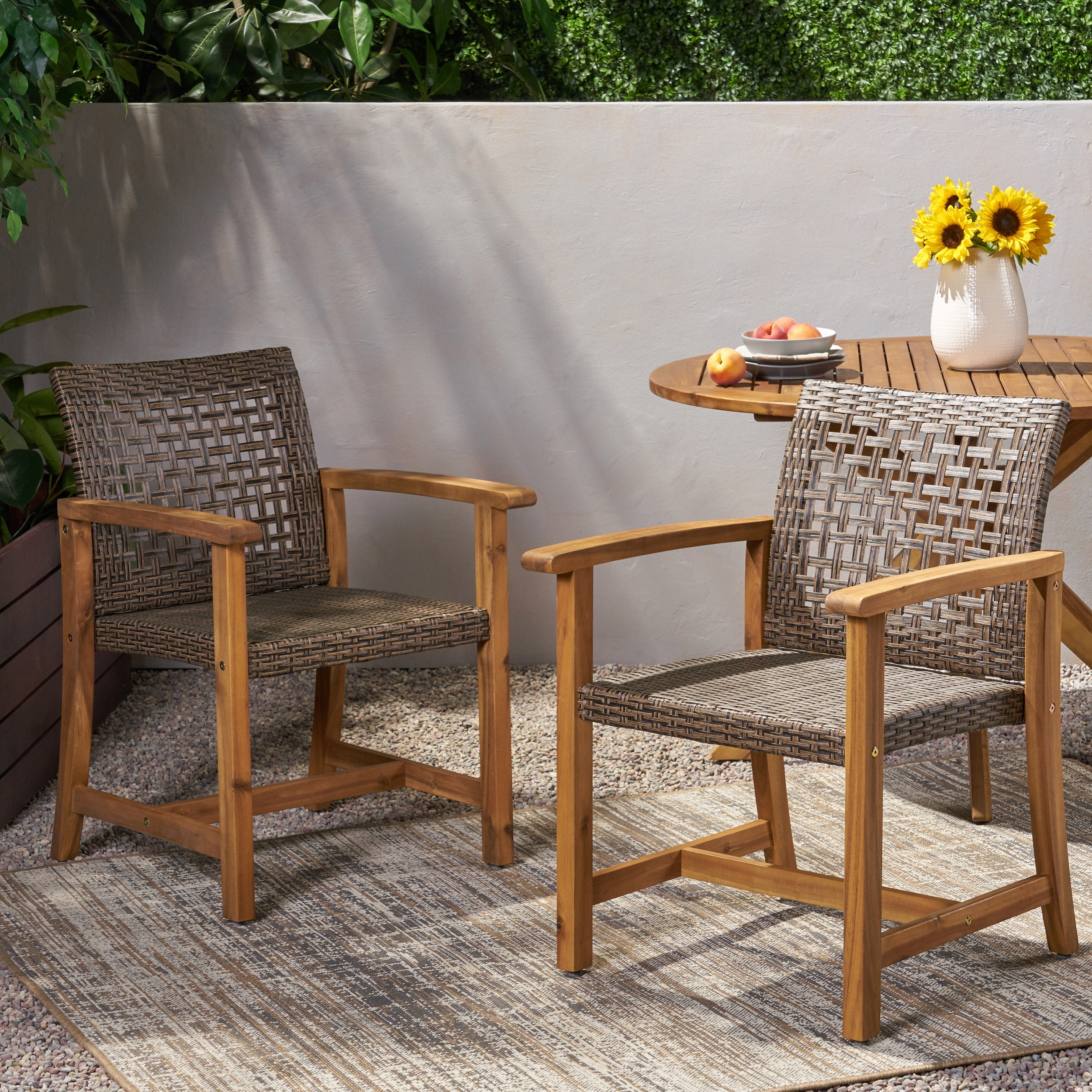 Teak Brown and Mixed Mocha Woven Wood Dining Armchair Pair